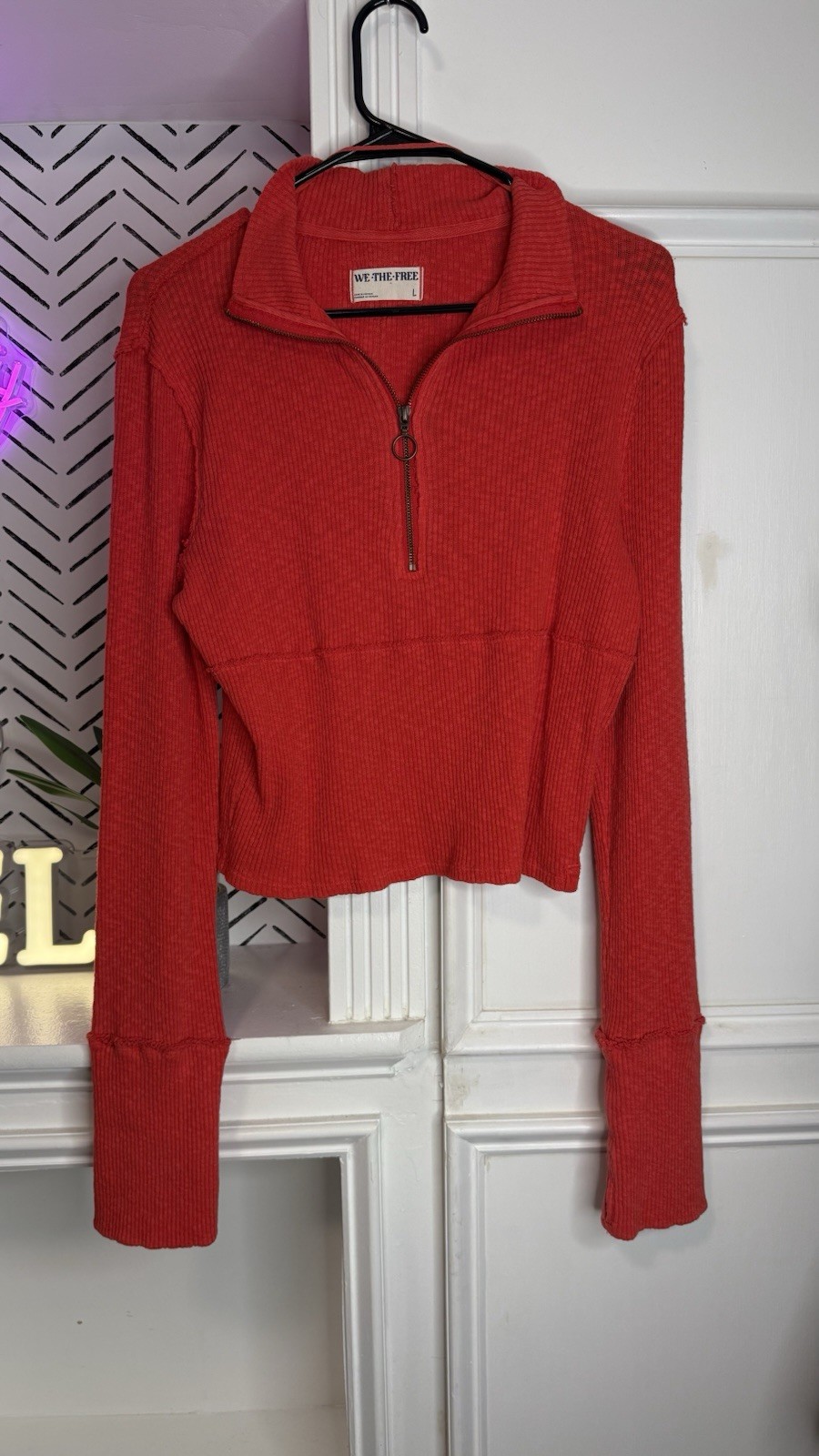 Free People We The Free Ribbed Half Zip Long Sleeve Top Red Size Large NWT