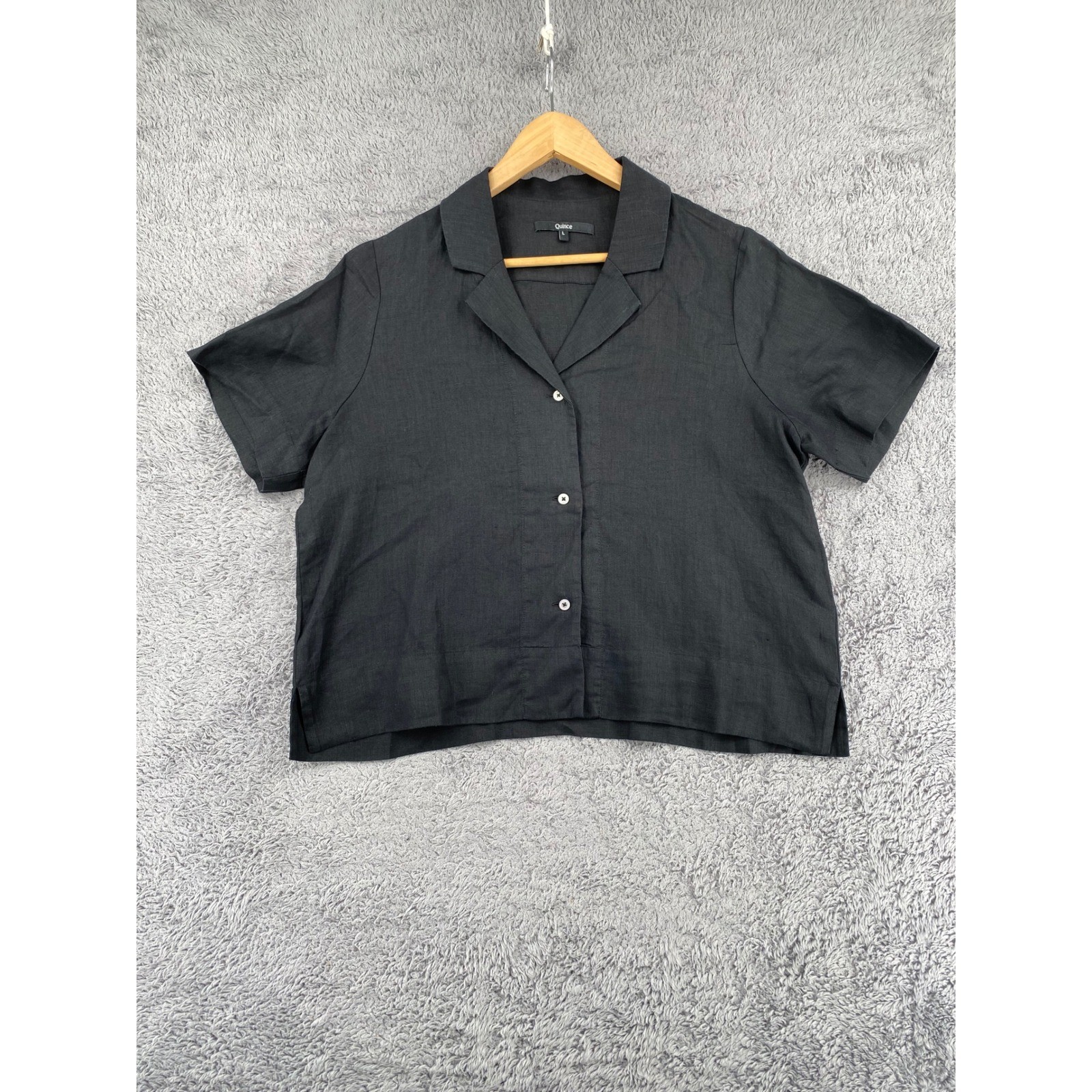 Quince Button Down Shirt Large Black Linen Short Sleeve Camp Collar Boxy Relaxed