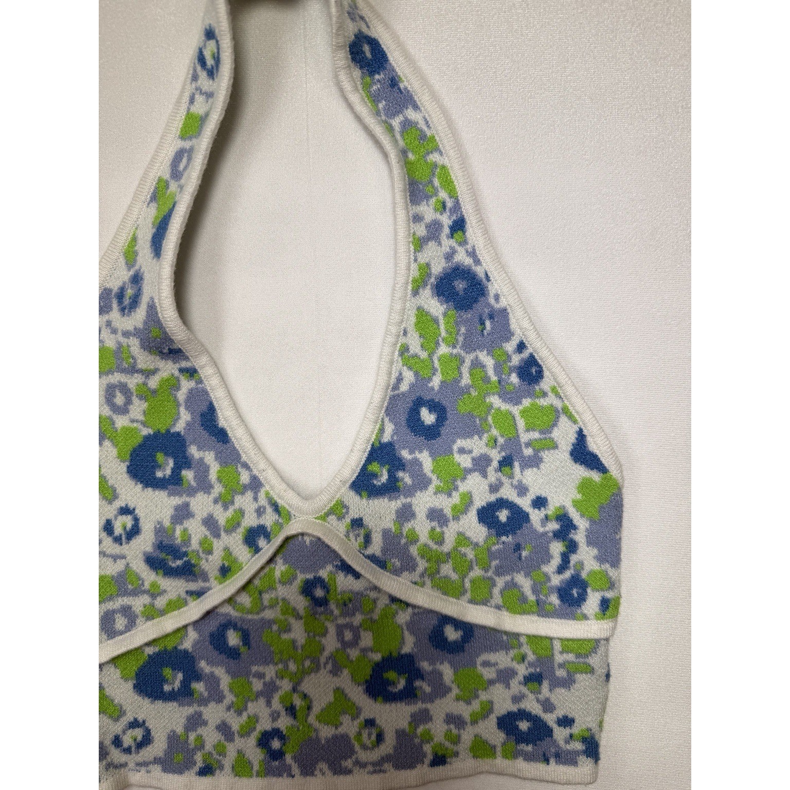 Princess Polly Floral Knit Halter Top Blue Green White Crop V-Neck S/M RN163017