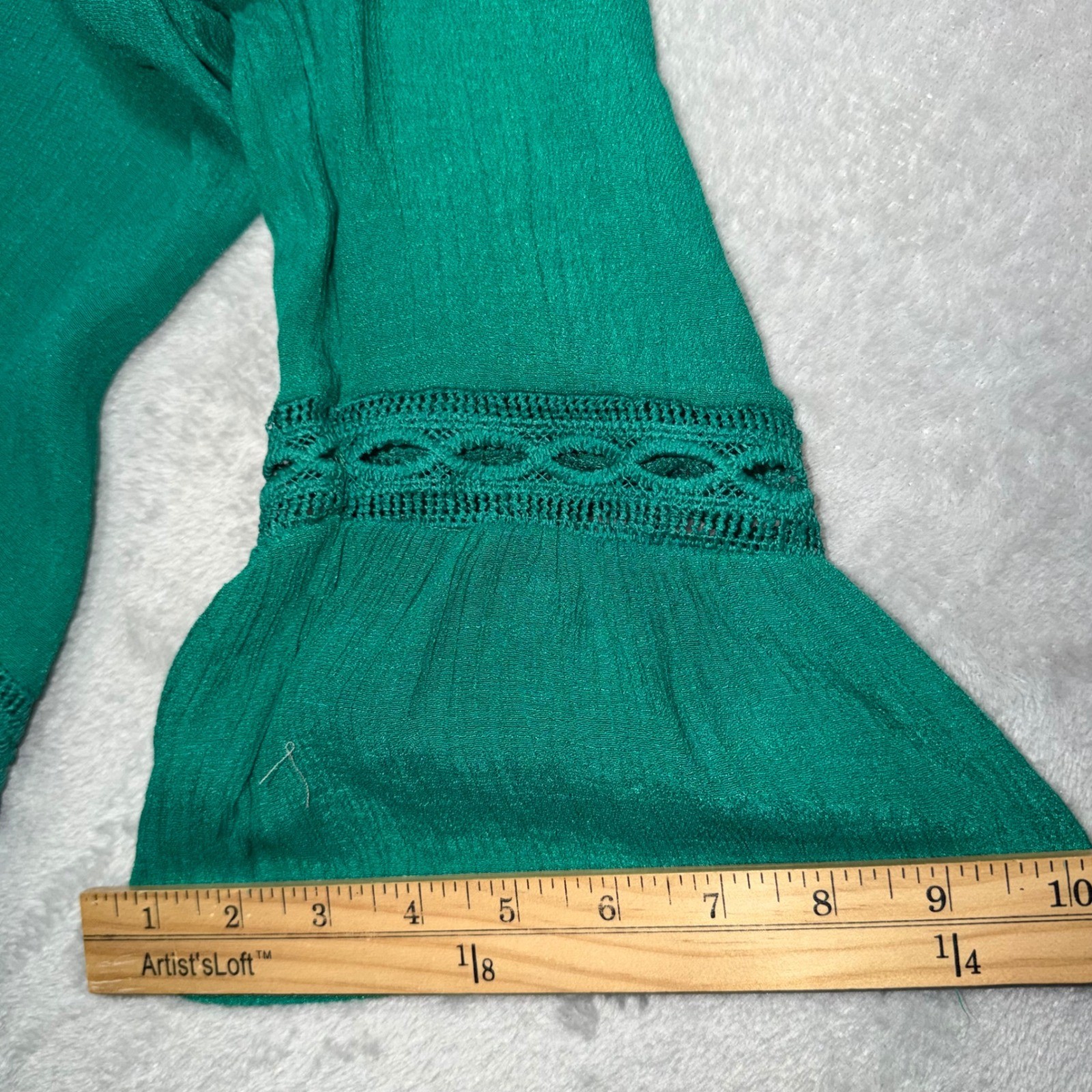 Emerald Green Boho Crochet Lace Ruffle Bell Sleeve Tunic Top Small