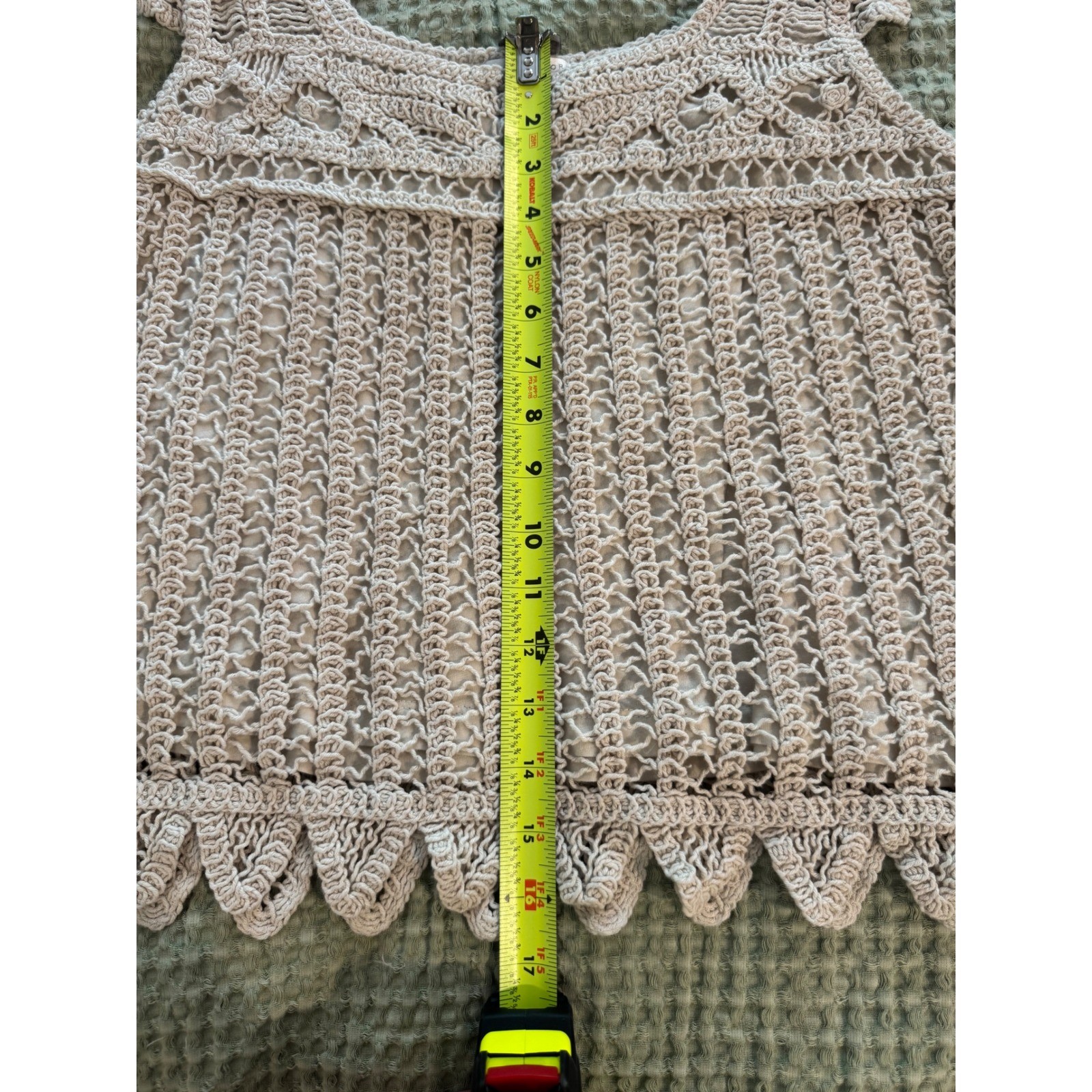 Design History Beige Boho Crochet Tank Top Cotton Ruffle Sleeve Scallop Hem L