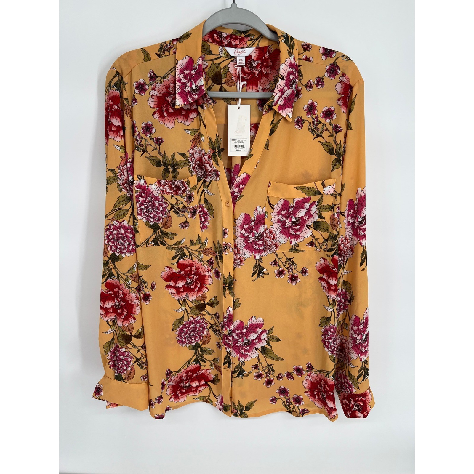 Candie’s Sz XXL Mustard Yellow Floral Roll Tab Long Sleeve Blouse NWT Org $38