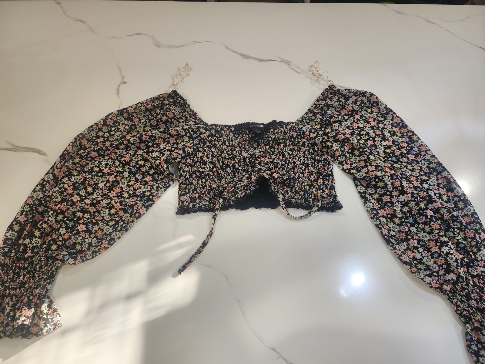 Fashion Nova Black Floral Long-sleeve Smocked Crop Top Size Large