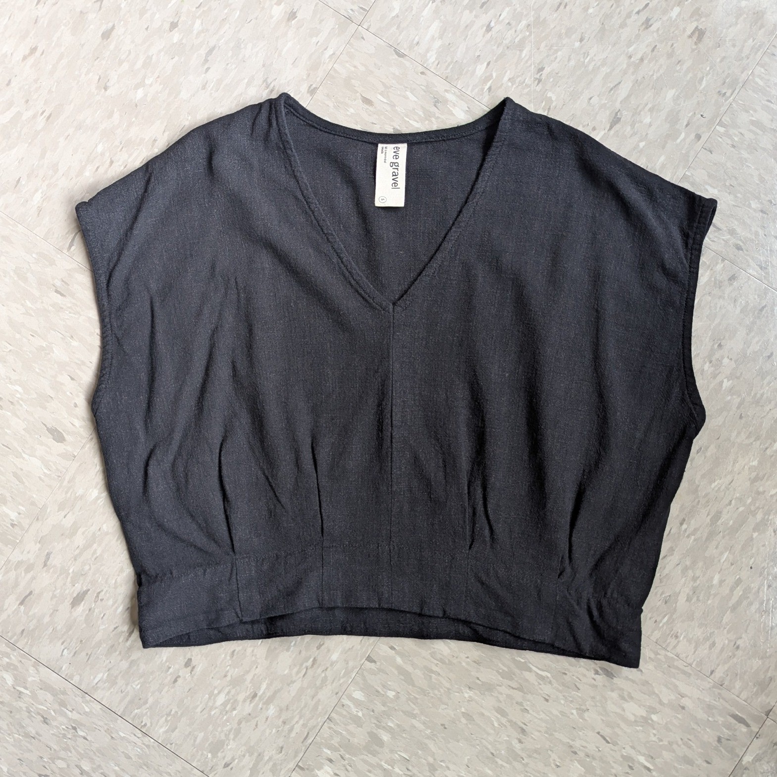 Eve Gravel Goldfish Grey Linen Blend V-Neck Pleated Crop Top Made in Canada