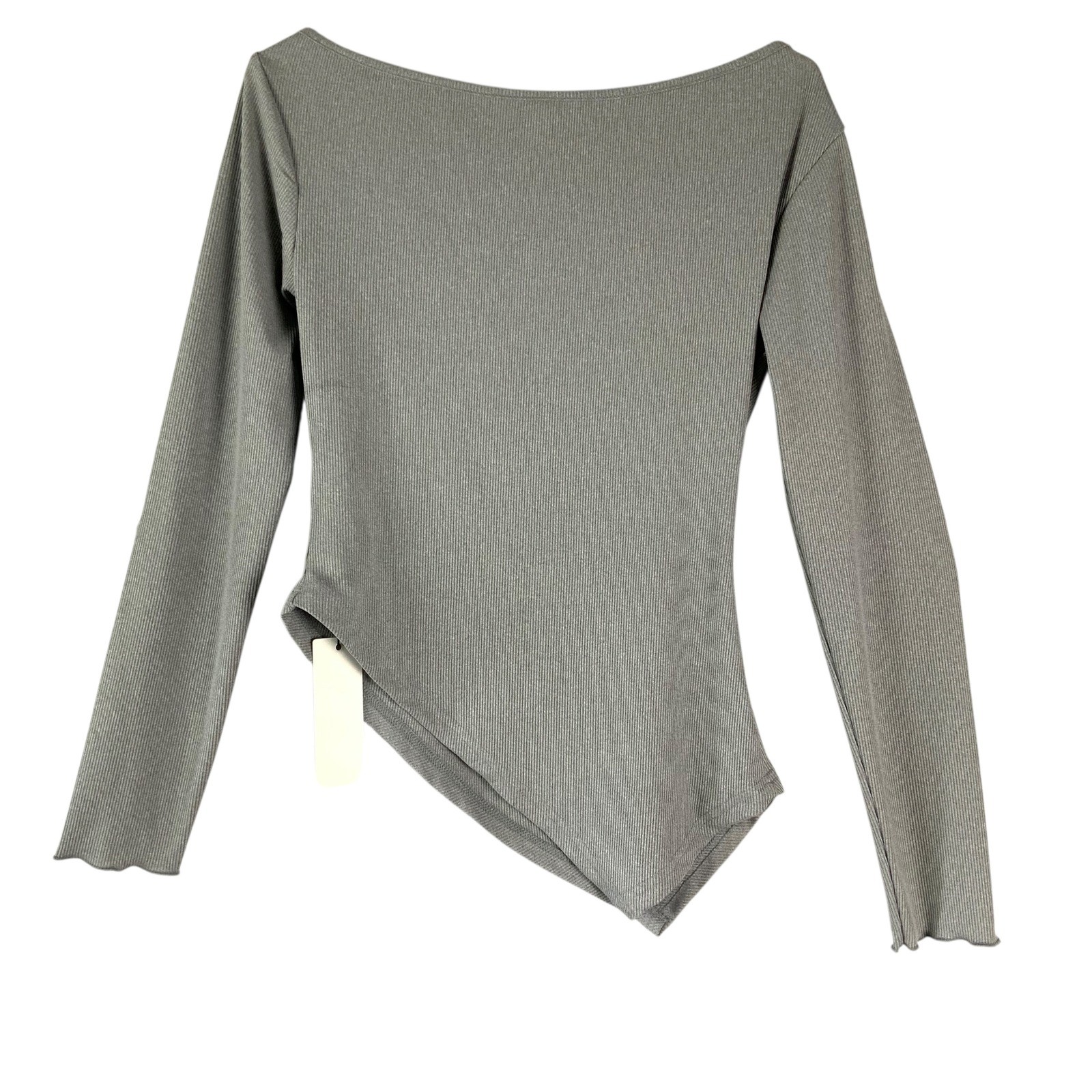 YOZY Gray Ribbed Asymmetrical Long Sleeve Pullover Blouse Womens Size M NWT