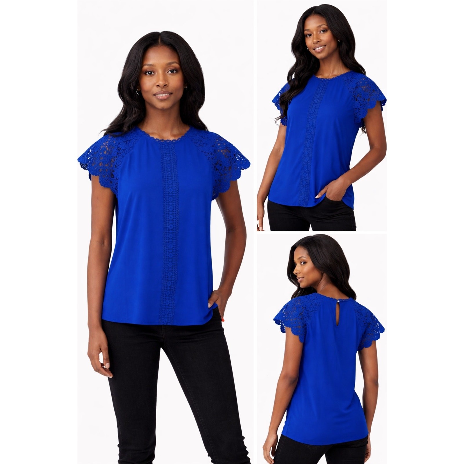 Cable & Gauge Lace Flutter Sleeve Blouse Women S Blue NWT