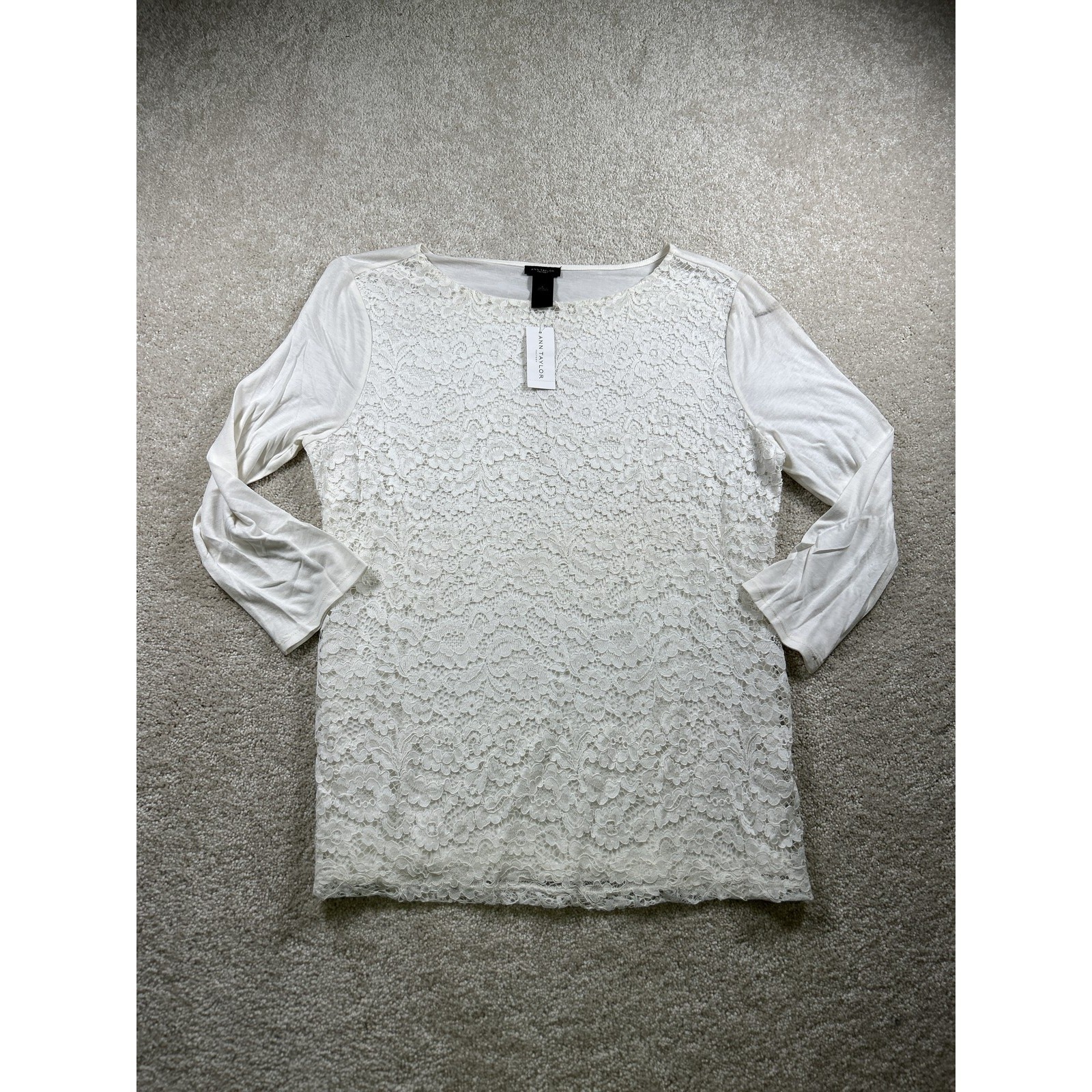 Ann Taylor Factory Shirt Womens Large White Lace Overlay Long Sleeve