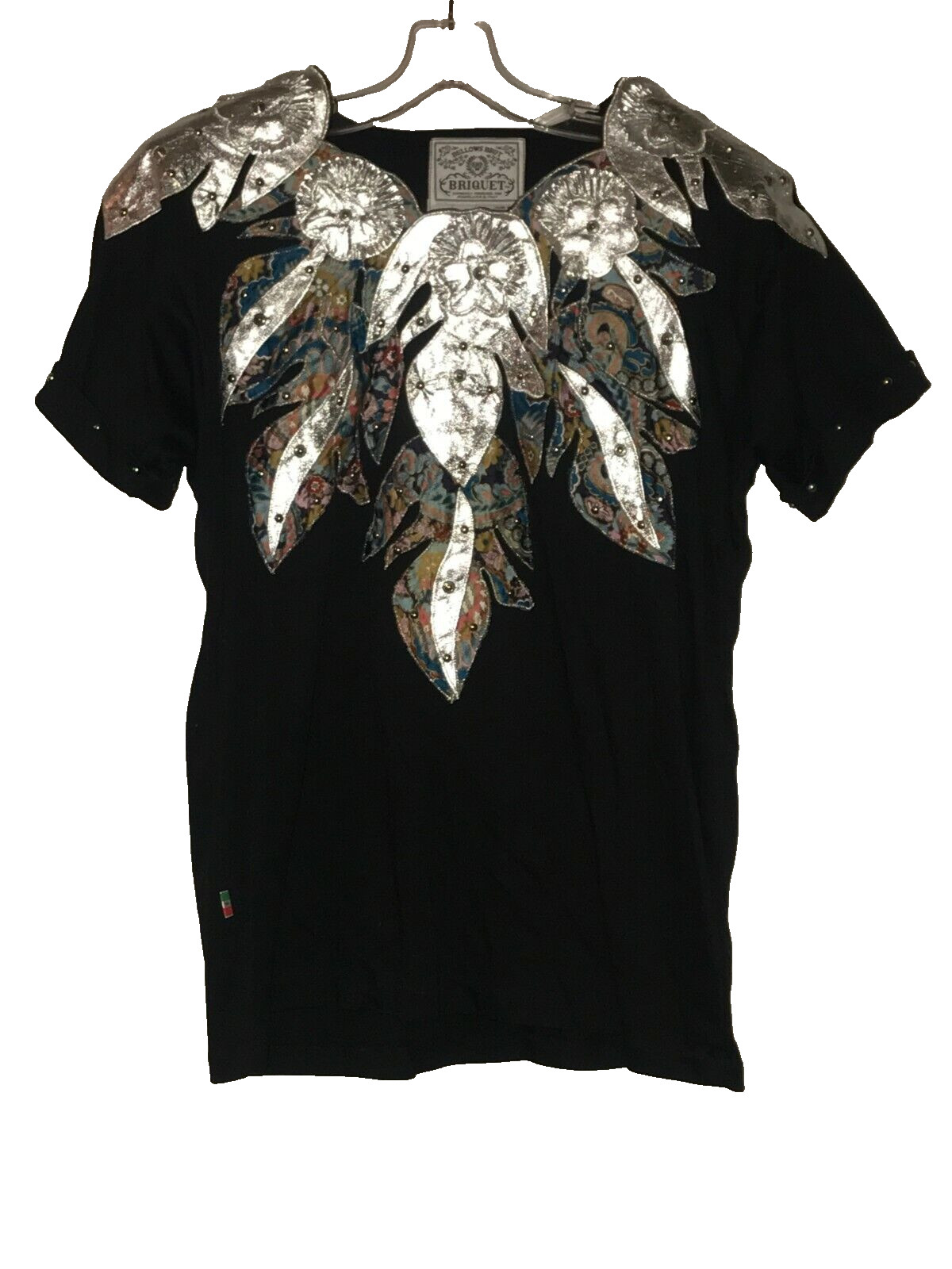 NWT Vtg BRIQUET 80’S Embellished Black T Shirt Leather Detail Studded One Size