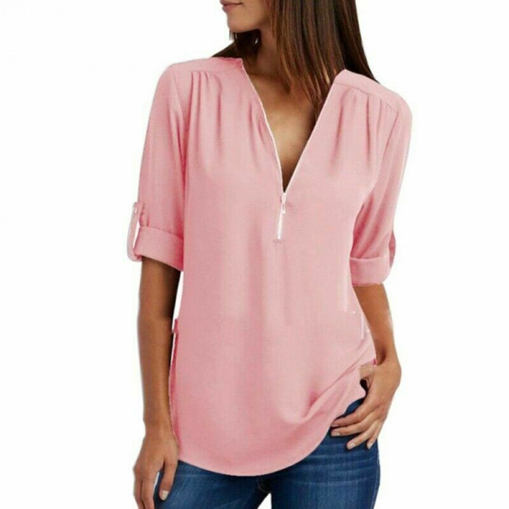 Women’s V-Neck Zipper Shirt Long Sleeve Loose Chiffon Basic Solid Tops Blouse