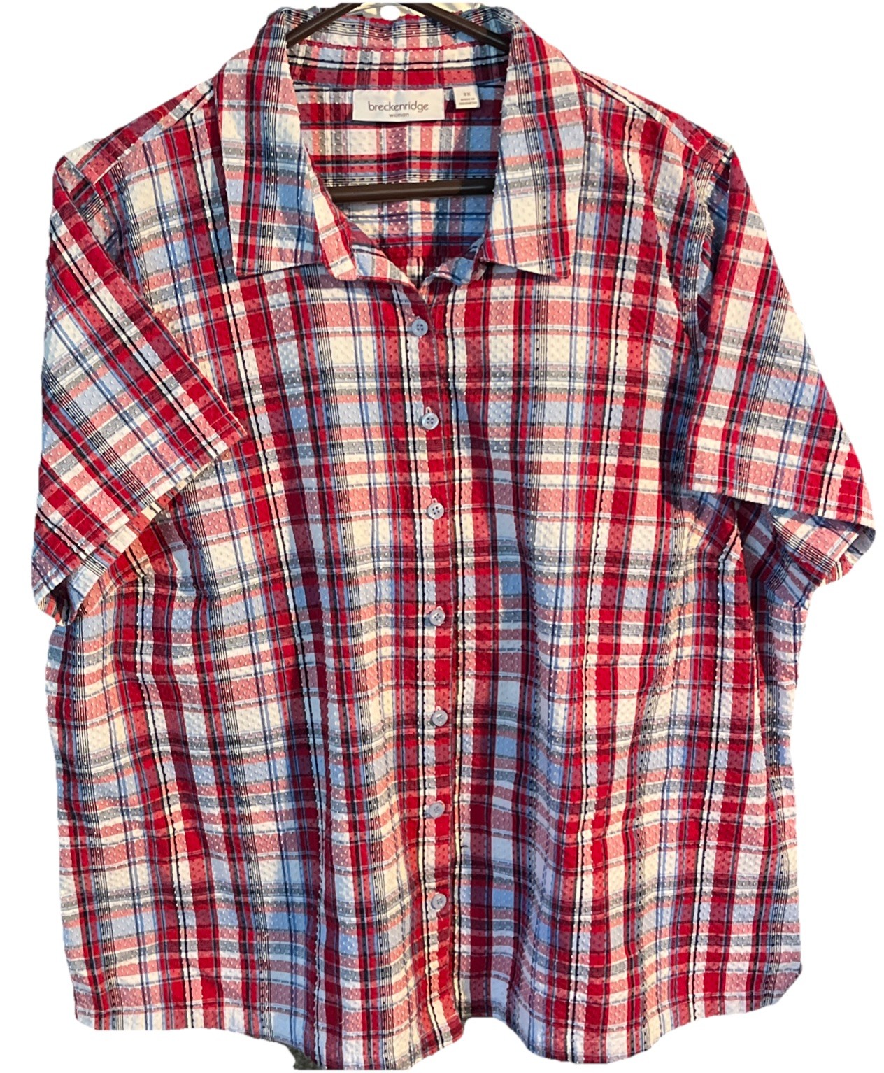 Breckenridge Blouse 3X Red White Blue Plaid Seersucker Cottagecore Beachy Chic