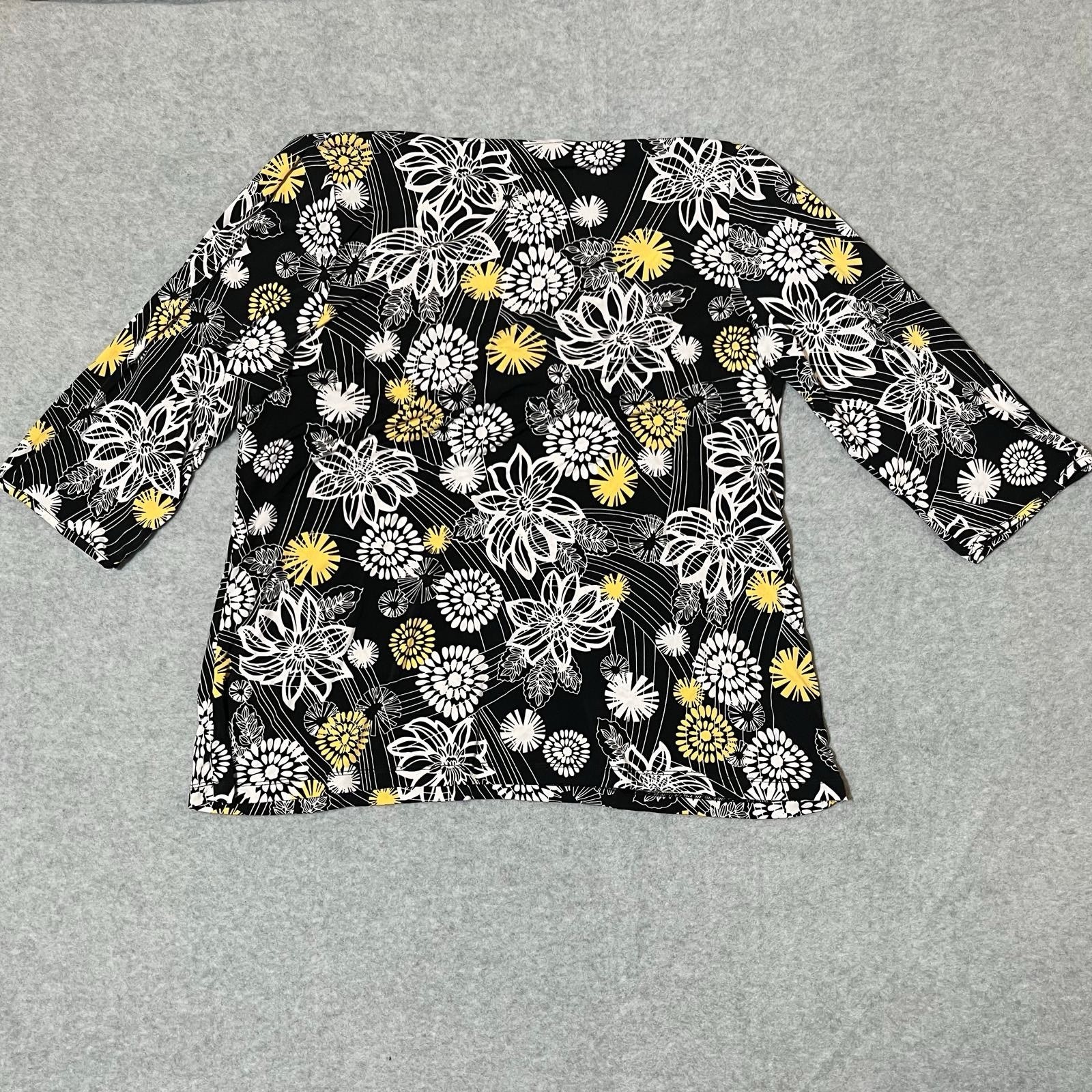 Avenue Women’s Black White Yellow Floral Print Size 18/20 3/4 Sleeve Blouse NWT