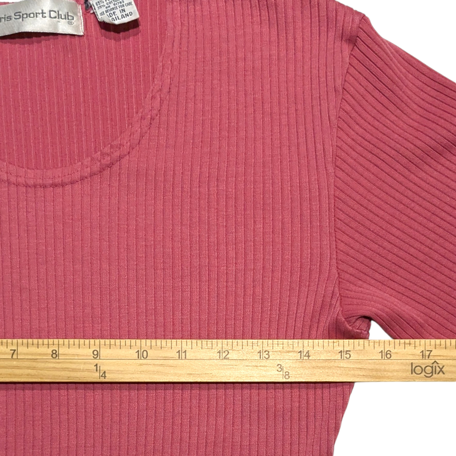 Vintage 90s Paris Sport Club Pink Ribbed Knit Top Medium Colorful Stretchy Basic