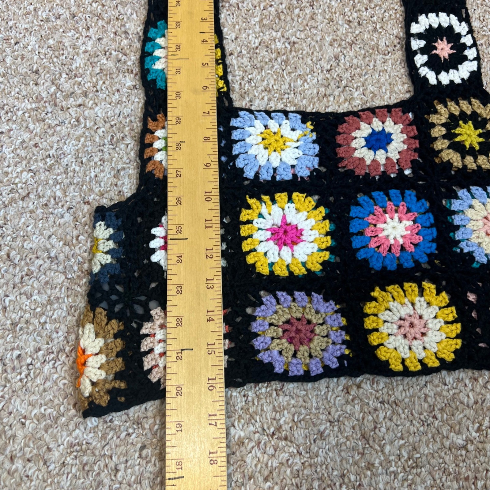 Handmade Crochet Granny Square Crop Top Multi-Color Boho Knit Tank Vest Black