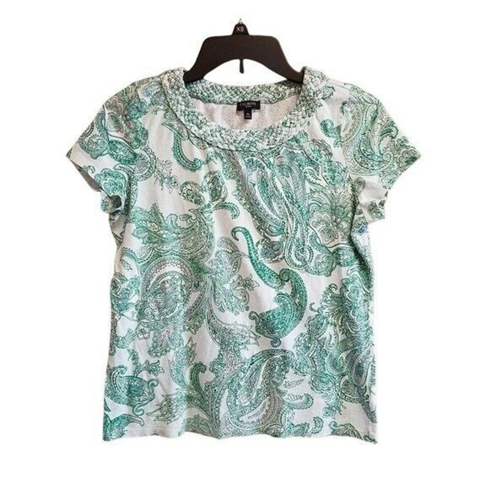 Talbots Womens Sz MP Blue Green White Paisley Short Sleeve Blouse