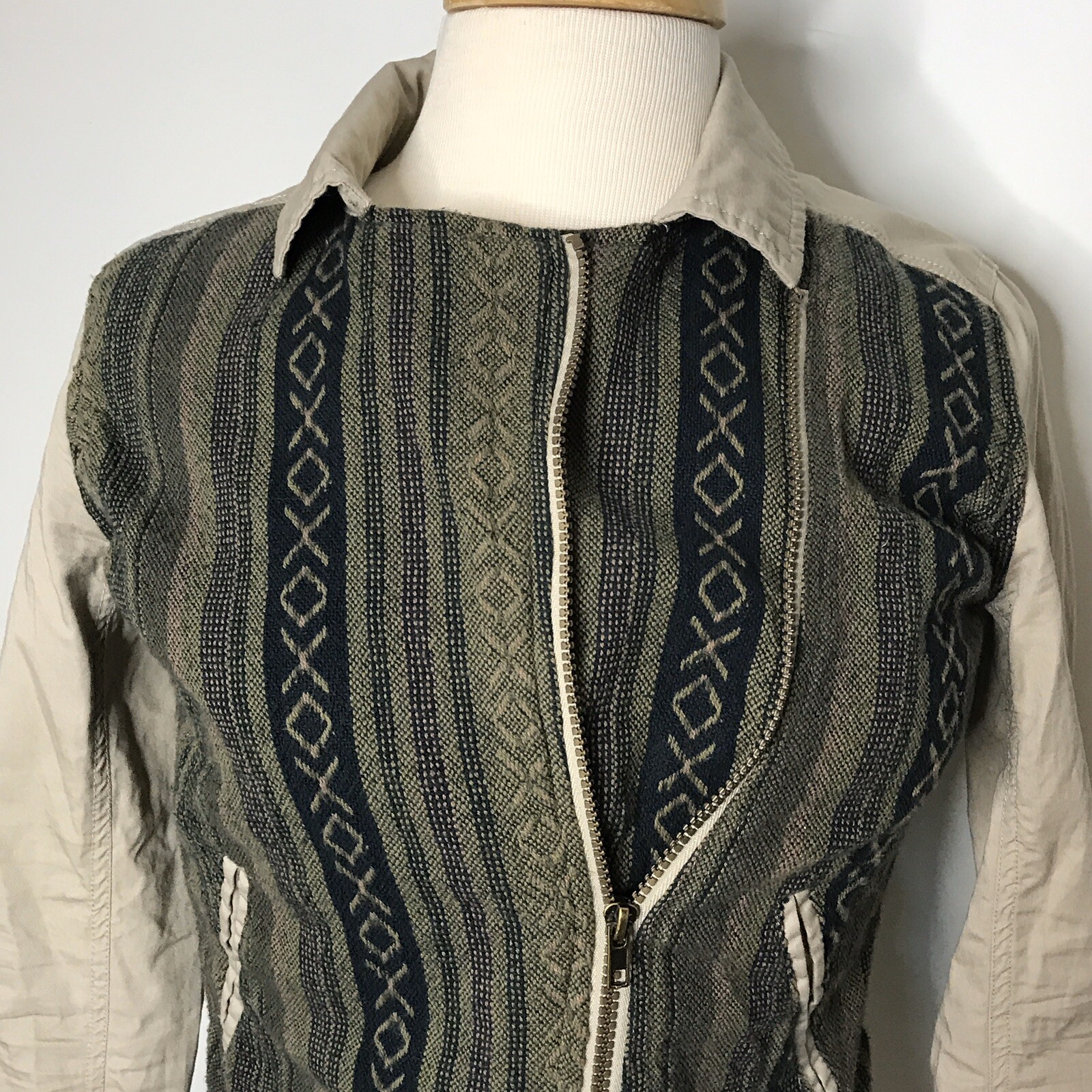Harper Women’s S Tan Green Striped Tweed Angled Zip Collared Top Jacket CUTE EUC