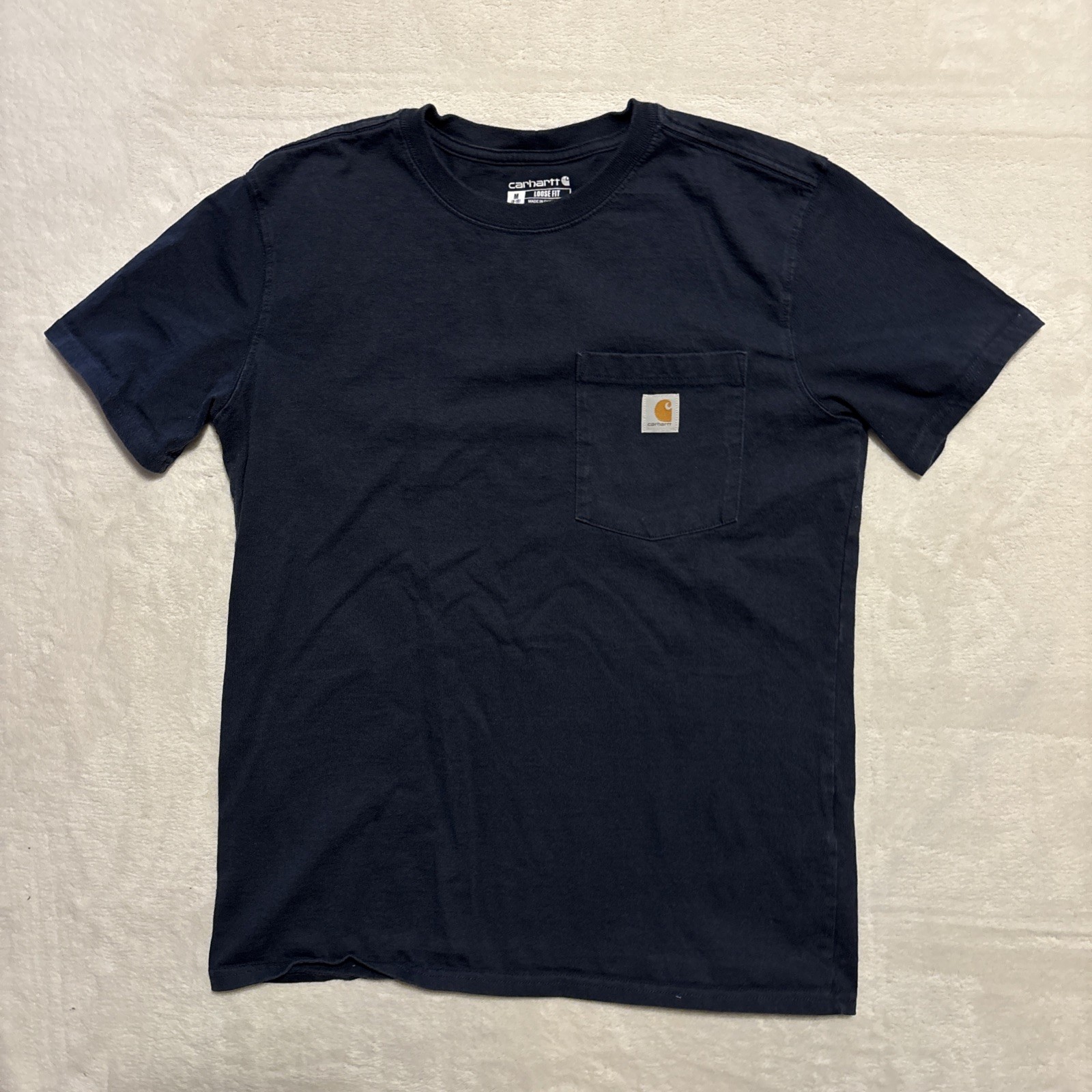 Carhartt Shirt Womens Medium 8-10 Navy Blue Pocket Loose Fit Workwear Logo Tee