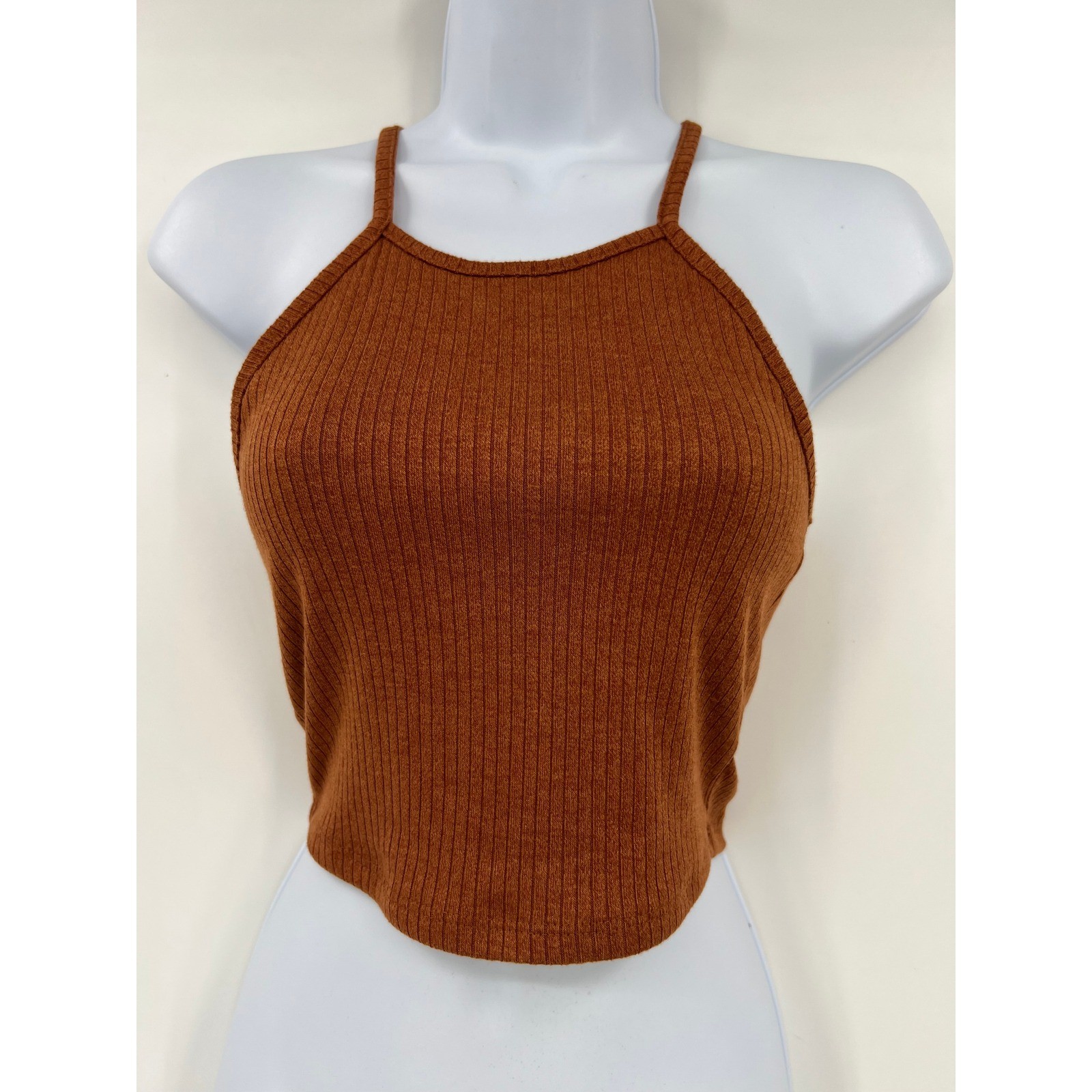 Earthbound Trading Co Womens Rust Brown Ribbed High Neck Halter Tank Top Small