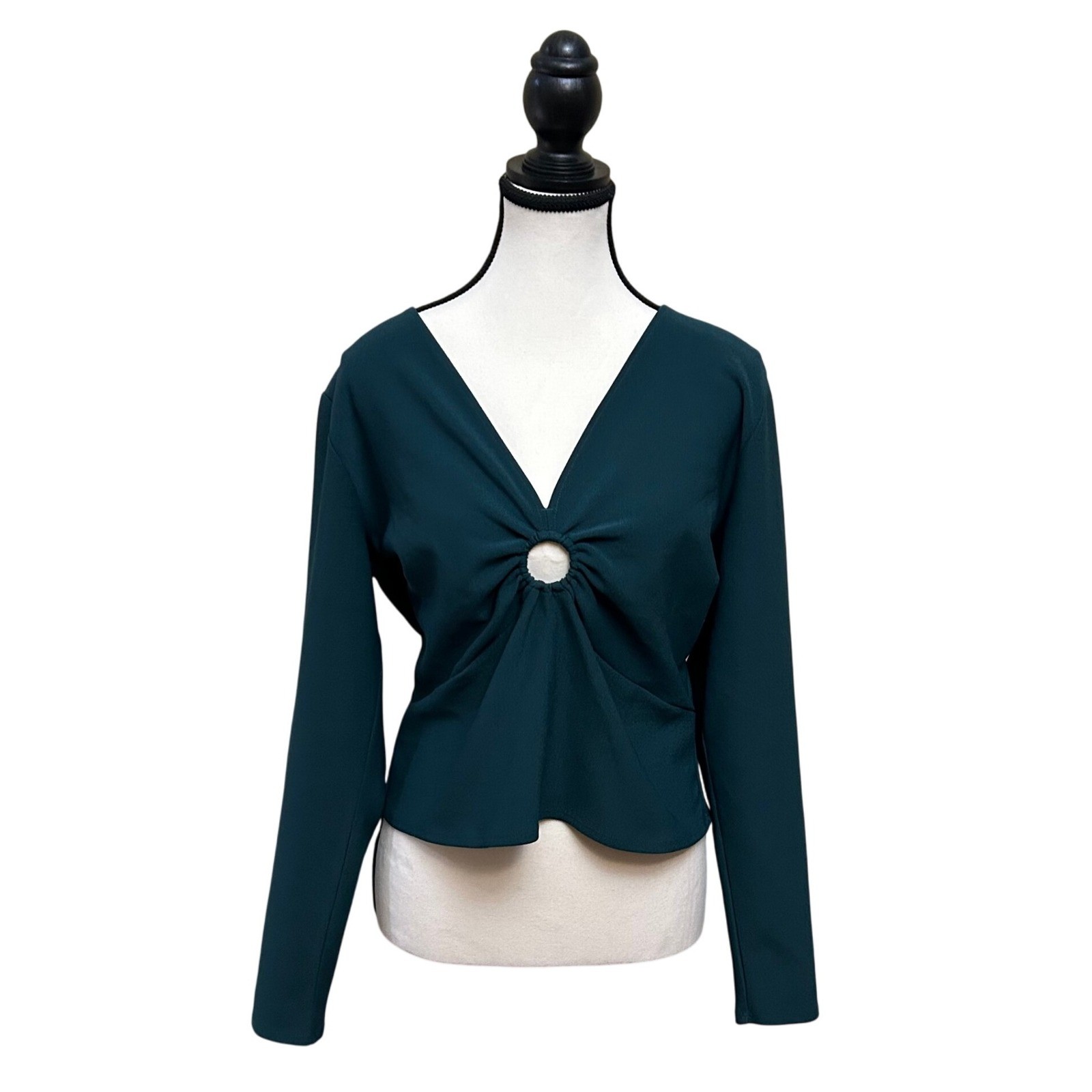 Abercrombie & Fitch Womens Top XL Long Sleeve Green Ring Detail V Neck Keyhole