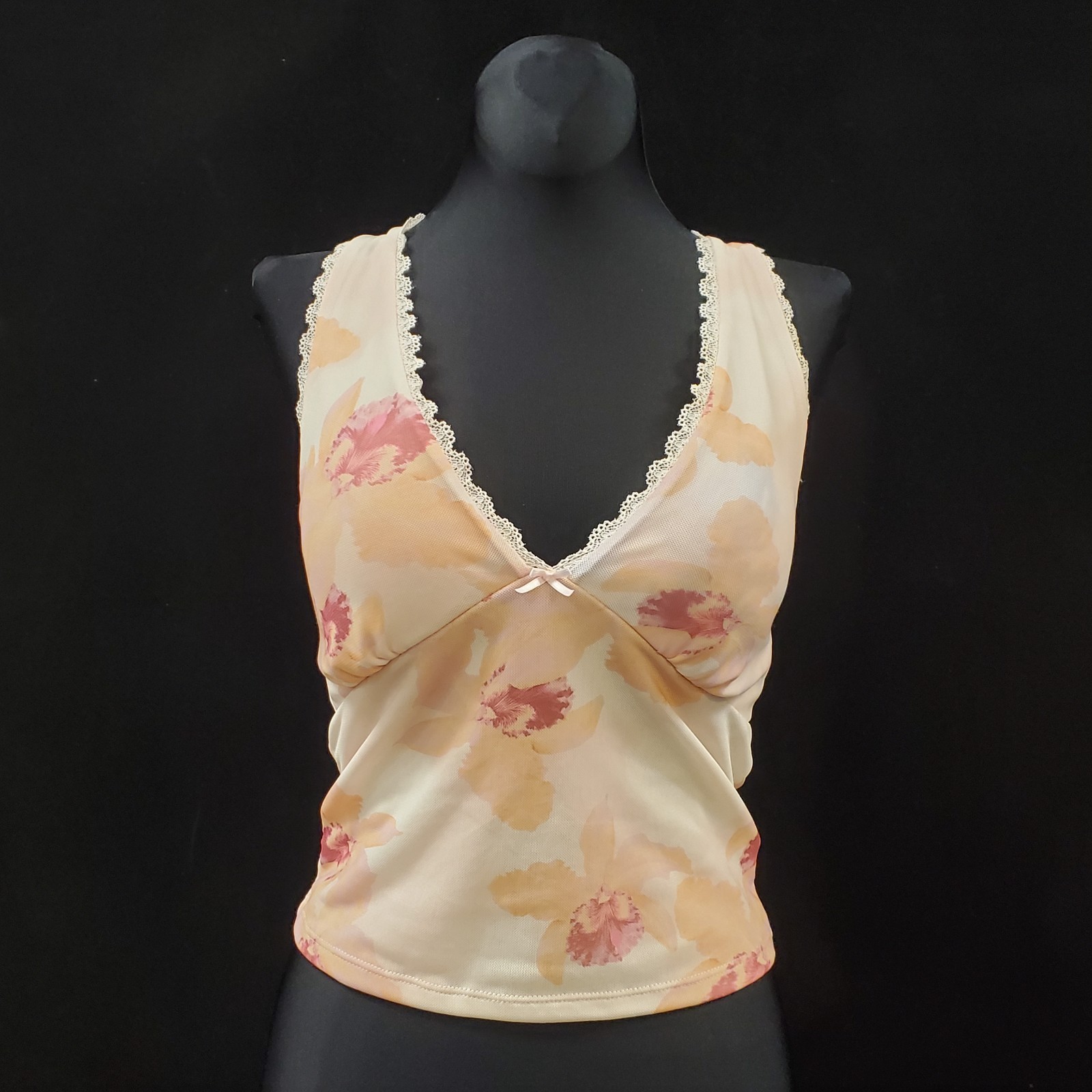 Micro Mesh Babydoll Top Size S Y2K Lace Trim Floral Summer Festival Concert