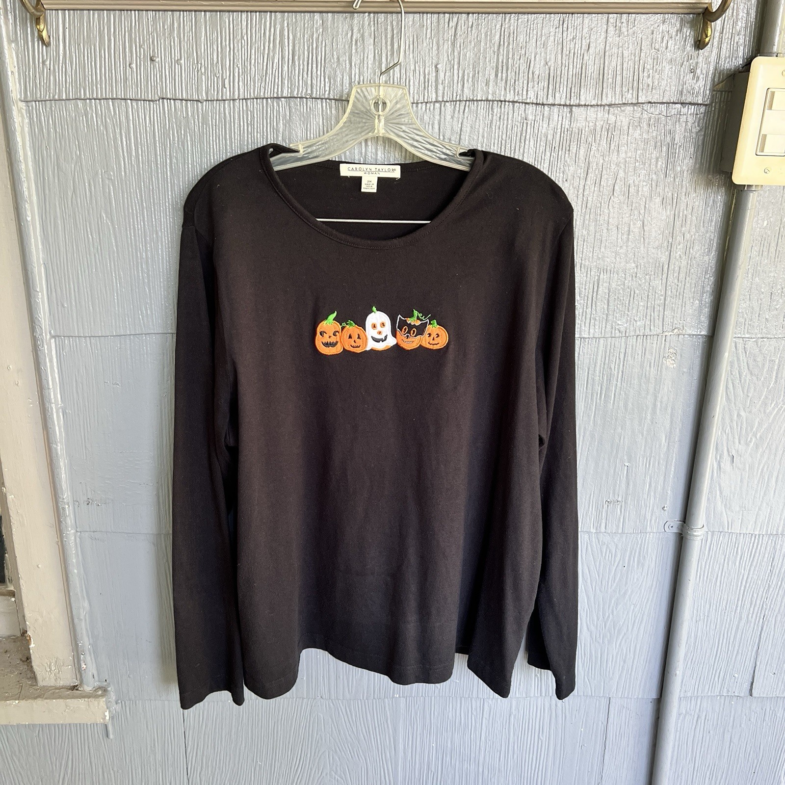 Carolyn Taylor Halloween Top Women’s 2X Black Pumpkin Embroidery Long Sleeve
