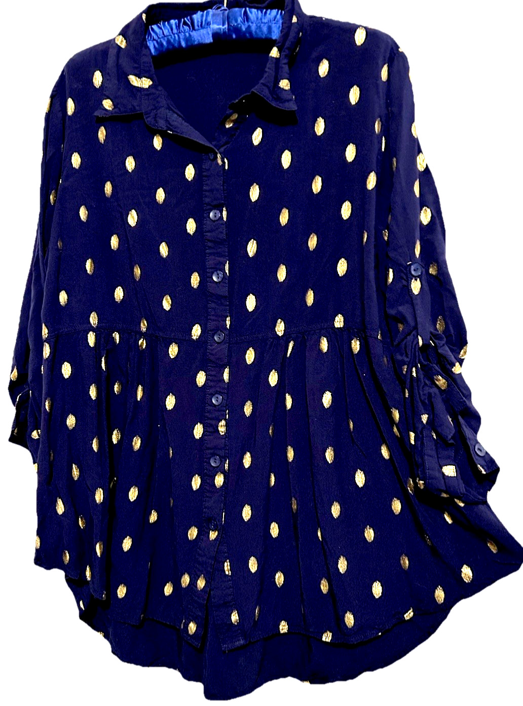 Solitaire Top L Darling Boho Navy Blue Gold Leaf Print Flowy Coastal Chic Shirt