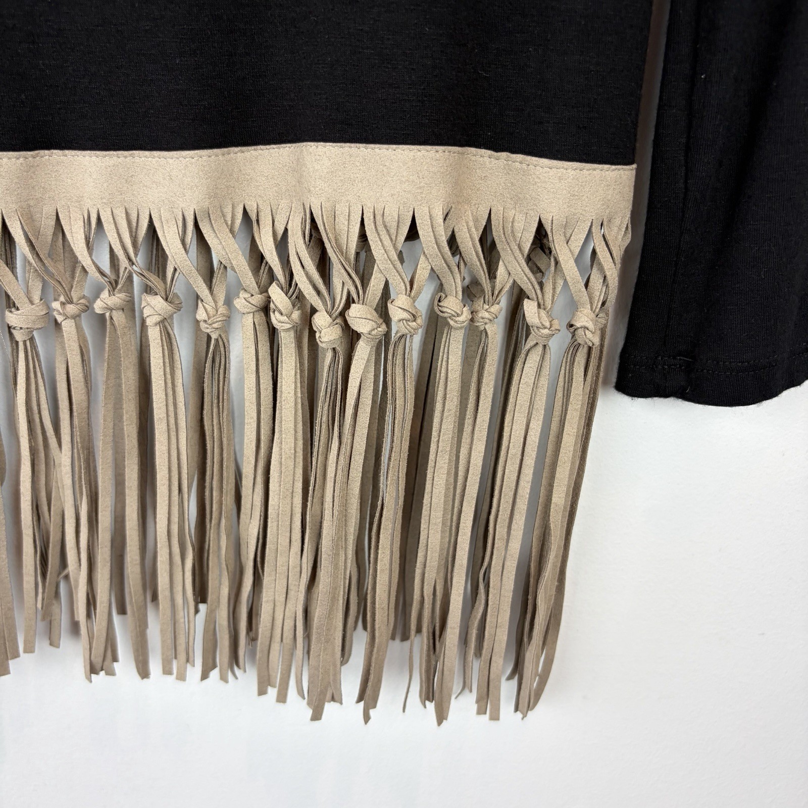 Origami by Vivien Top Womens Medium Black Taupe Suede Fringe Hem Western Boho