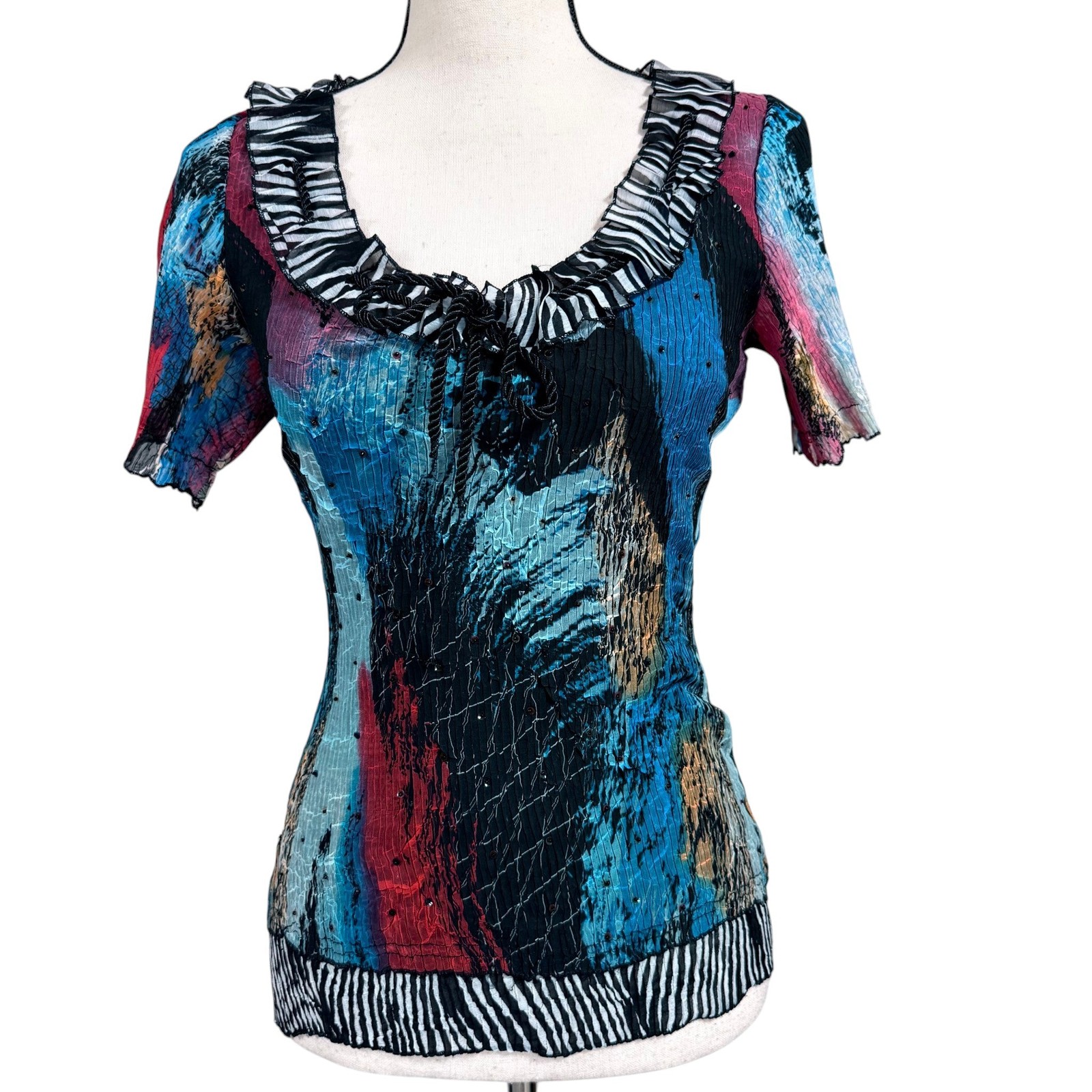 Y2K Crinkle Abstract Sequin Ruffle Top Size Small