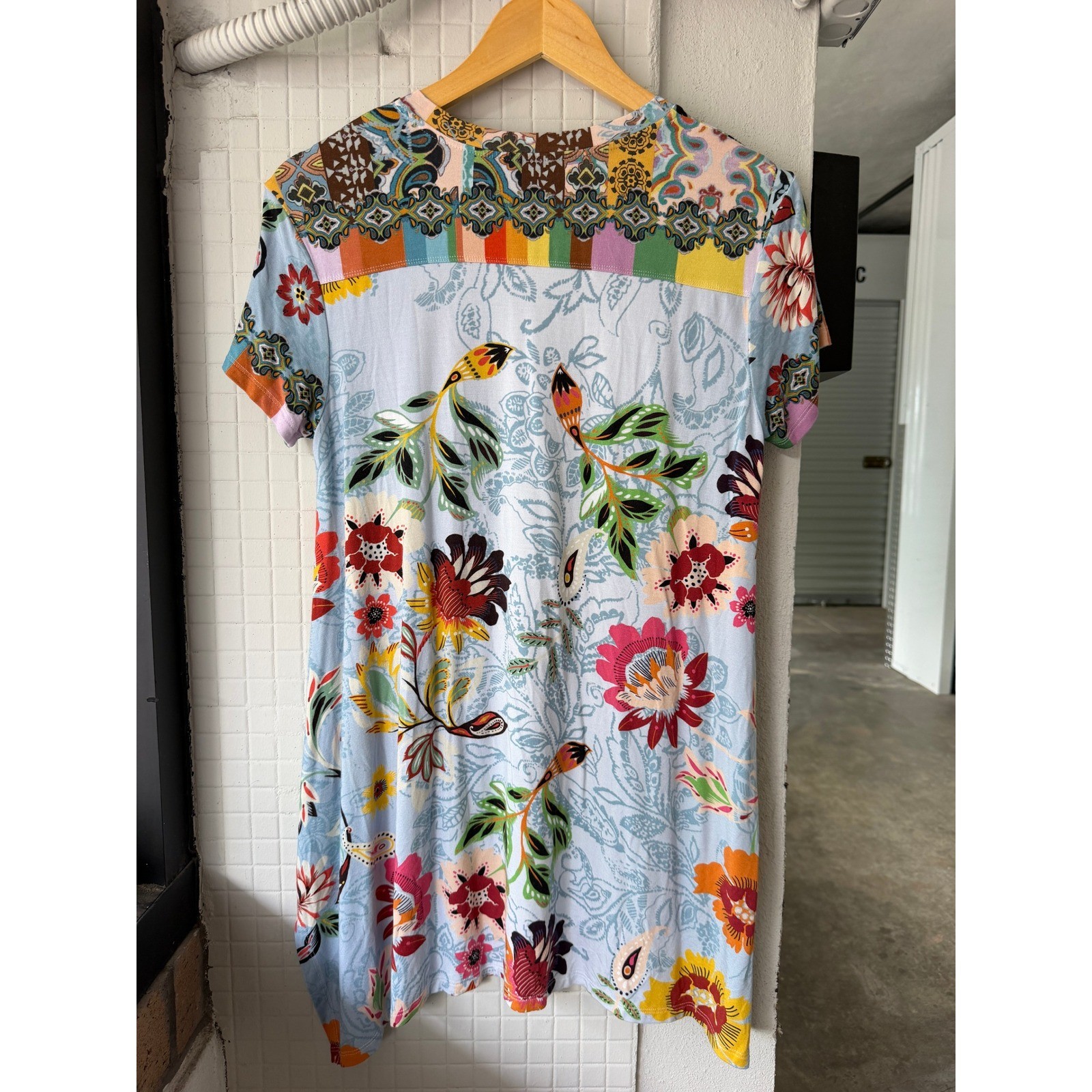 Johnny Was Rainbow Floral Drape Tunic Bamboo Blend V-Neck Top Size S