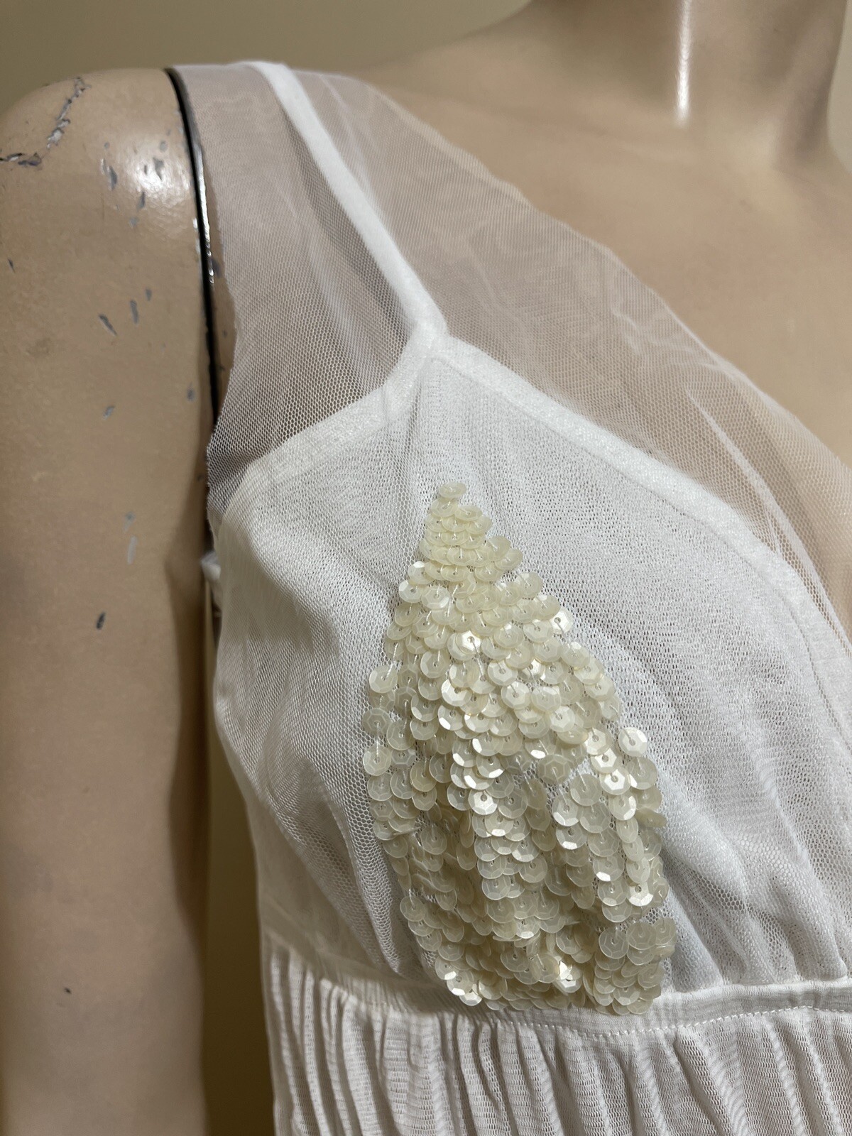 Women’s White Polyester Cocktail Layered Lace Beaded Pleated Size M Blouse Top
