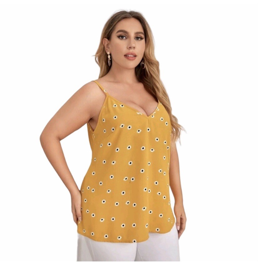 Emery Rose Women’s Adjustable Spaghetti Strap Daisy Print Yellow Tank Top XXL