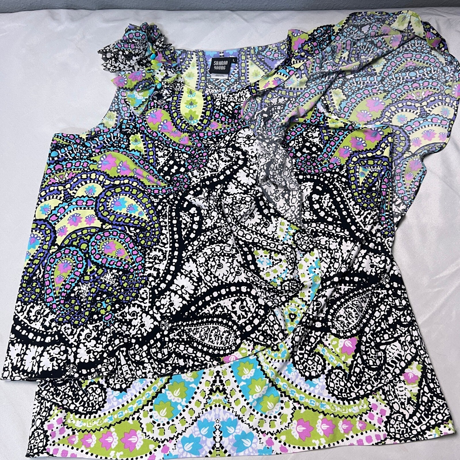 Sharon Young Boho Paisley Multicolor Retro Festival Asymmetrical Ruffle SL Top L