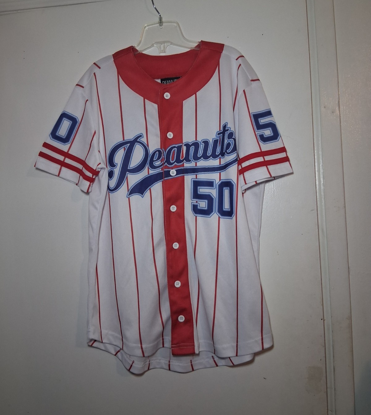 Peanuts Snoopy Good Grief Athletic Club Baseball Jersey Shirt XS White Red Blue