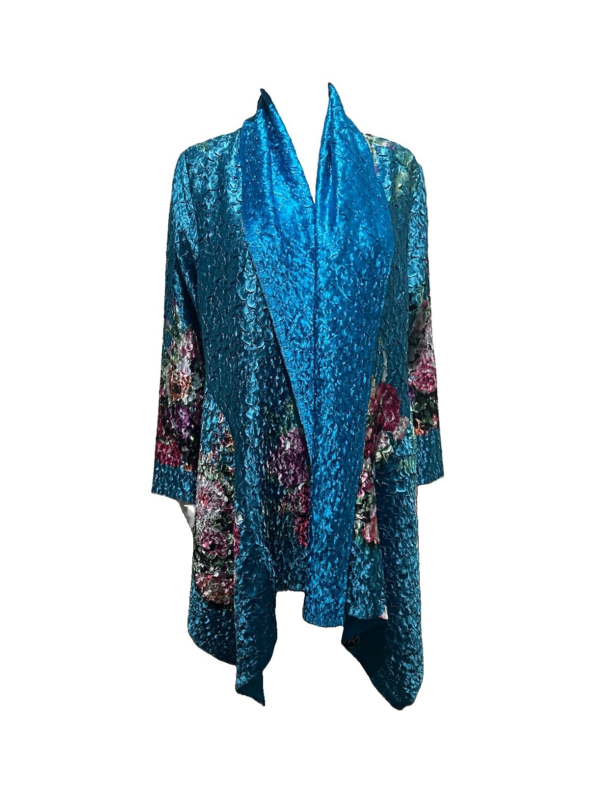 Boho Feng Cheng Jacket Reversible Blue Floral Asymmetric Kimono Duster One Size