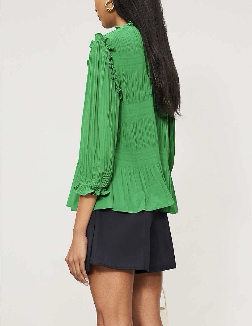TED BAKER Airlie green frill ruffle high neck pleat blouse top gypsy boho Size 3