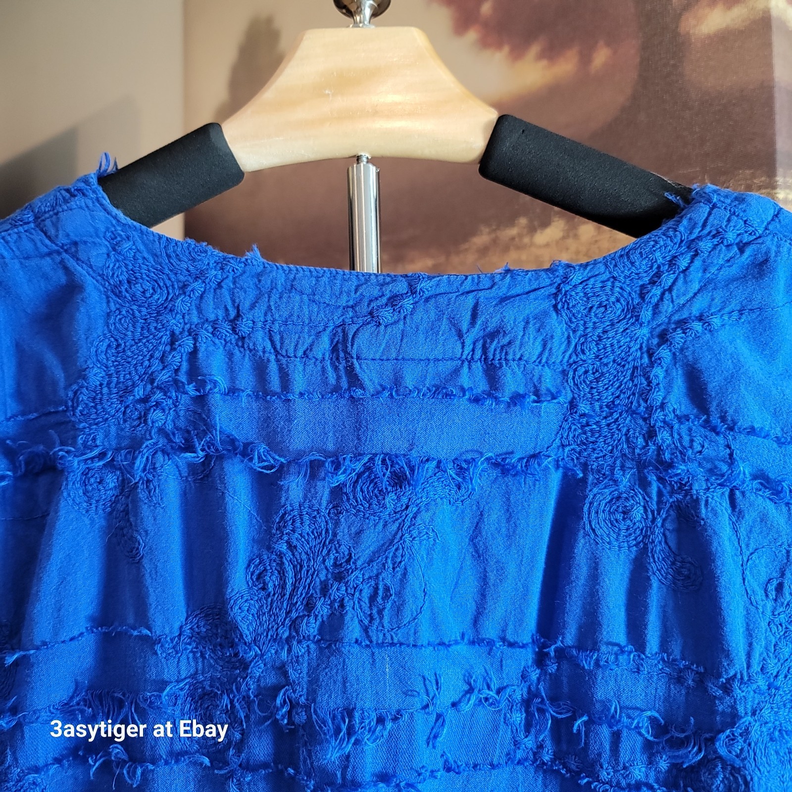 Vintage Sea Breeze Royal Blue Tunic Top Embroidered Gauze 100% Cotton M USA Made