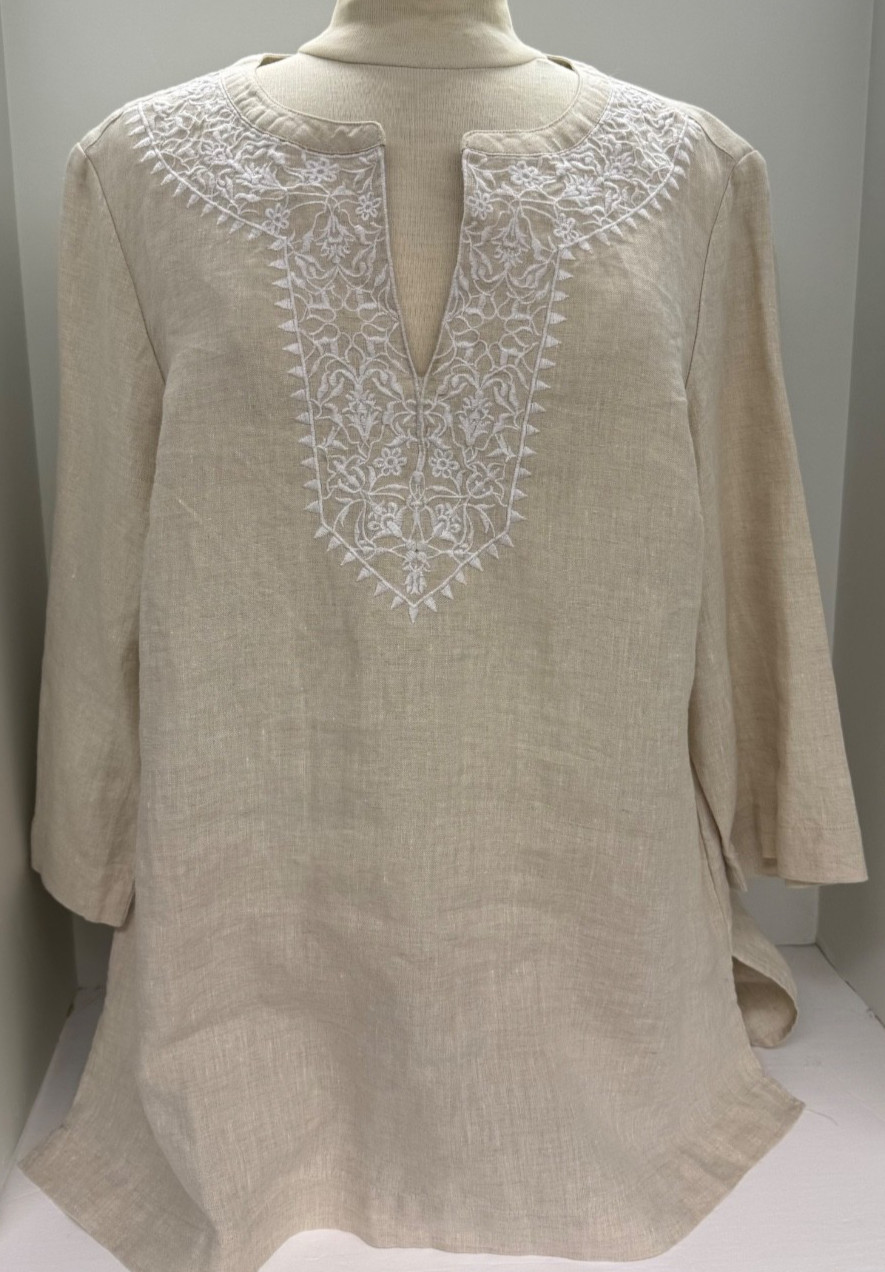 NWT Jones New York Linen V-Neck Tunic 3/4 Slv Embroidered Sz.XL Hi-Low Hem