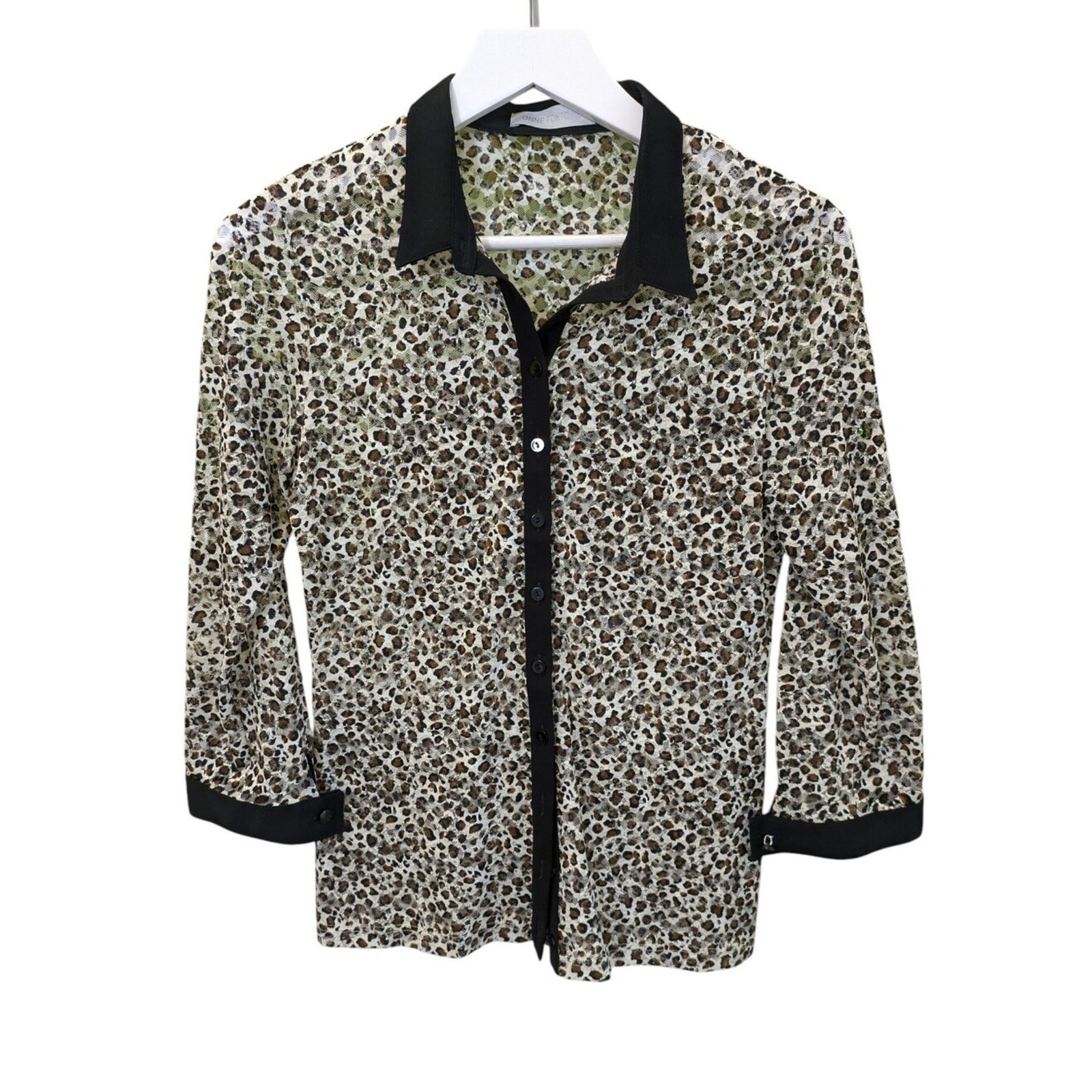 Anne Fontaine Pyla Blouse US 6 EU 40 Cheetah Print Mesh Black Sheer Button Top