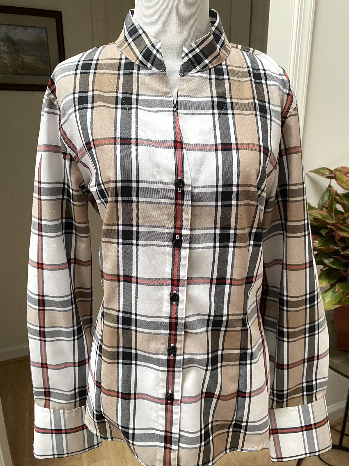 Orvis Women Size 14 Carefree Long Sleeve Plaid Shirt Button-up Stand collar A936