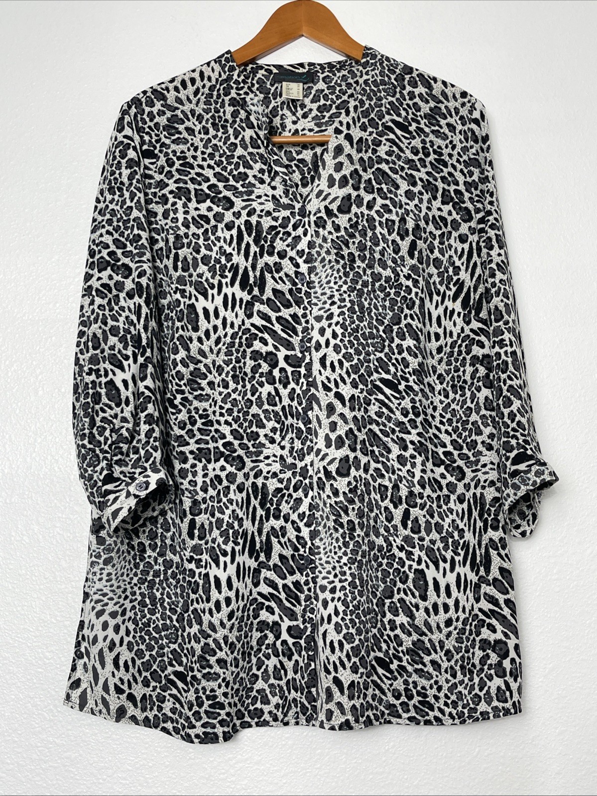 Creation L Black Grey Leopard Print Button Up Blouse 14 Mob Wife 3/4 Sleeve