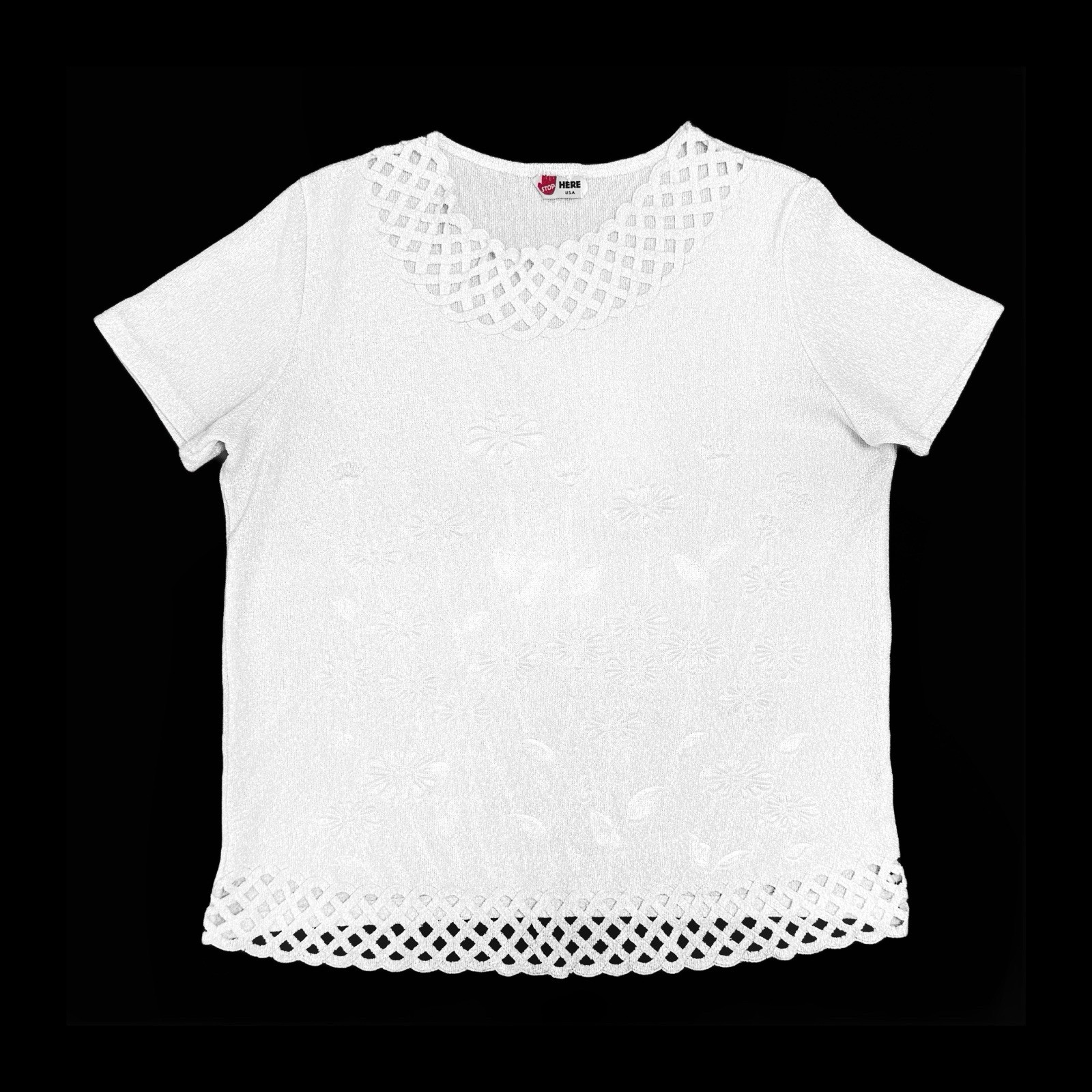 Vintage Stop Here USA White Floral Embossed Scallop Edge Lattice Trim Top