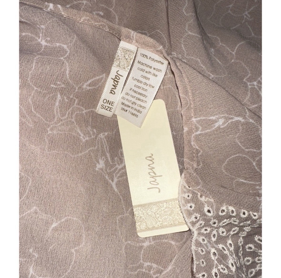 Japna Tan White Floral Print with Embroidered Detail Open Front Kimono One Size