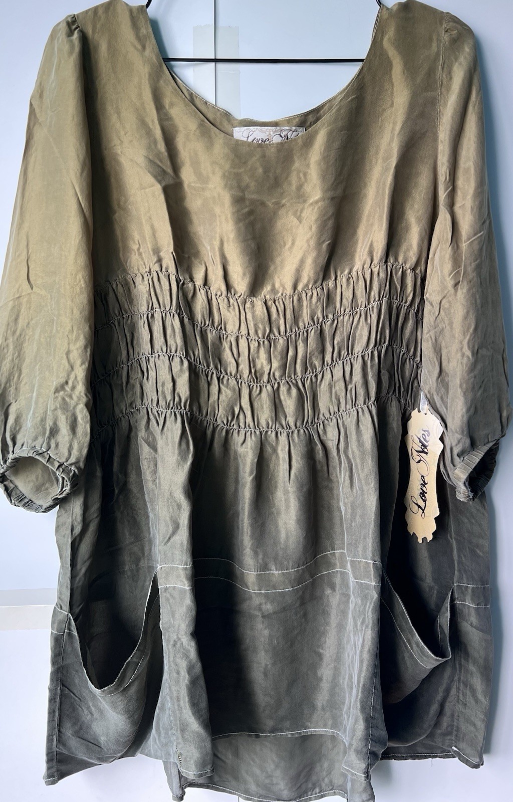 NWT Love Notes 100% silk Smocked Tunic Top XL Olive Khahi Boho Bishop Sleeve