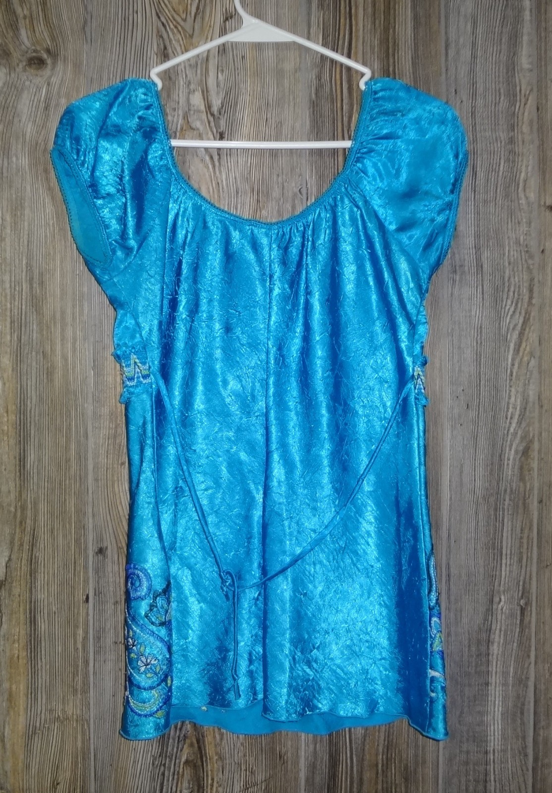 Y2K Turquoise Embroidered Empire Waist Cap Sleeve Womens Sz Medium Boho