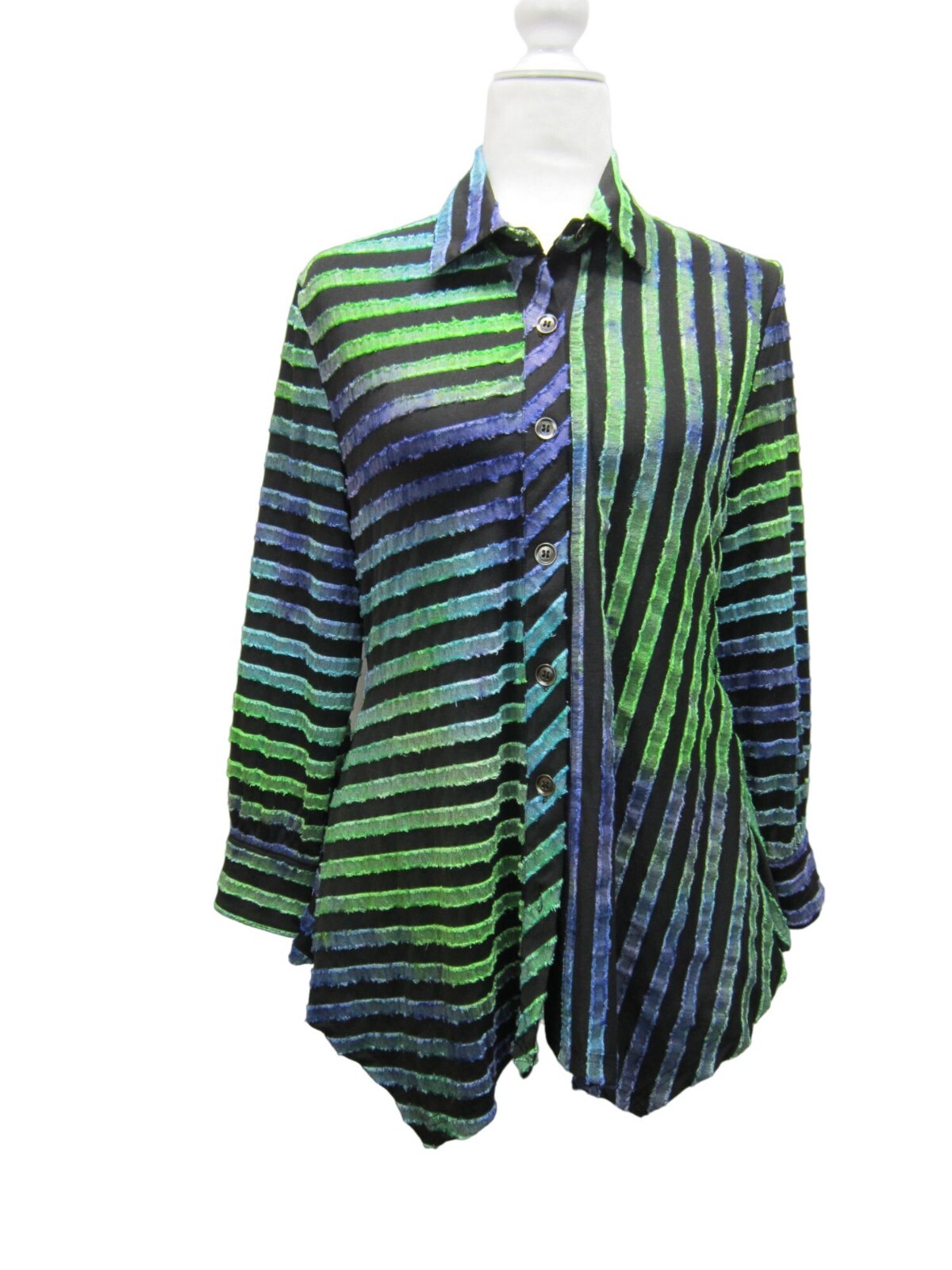 Calessa Flocked Striped Long-Sleeve Black Blue Green Textured Blouse Petite S