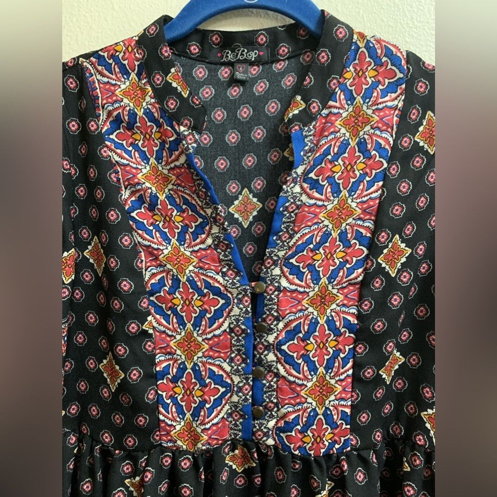 BeBop Bohemian Peasant Tunic Top Small-Antique Look Buttons.Blue,White,Yellow