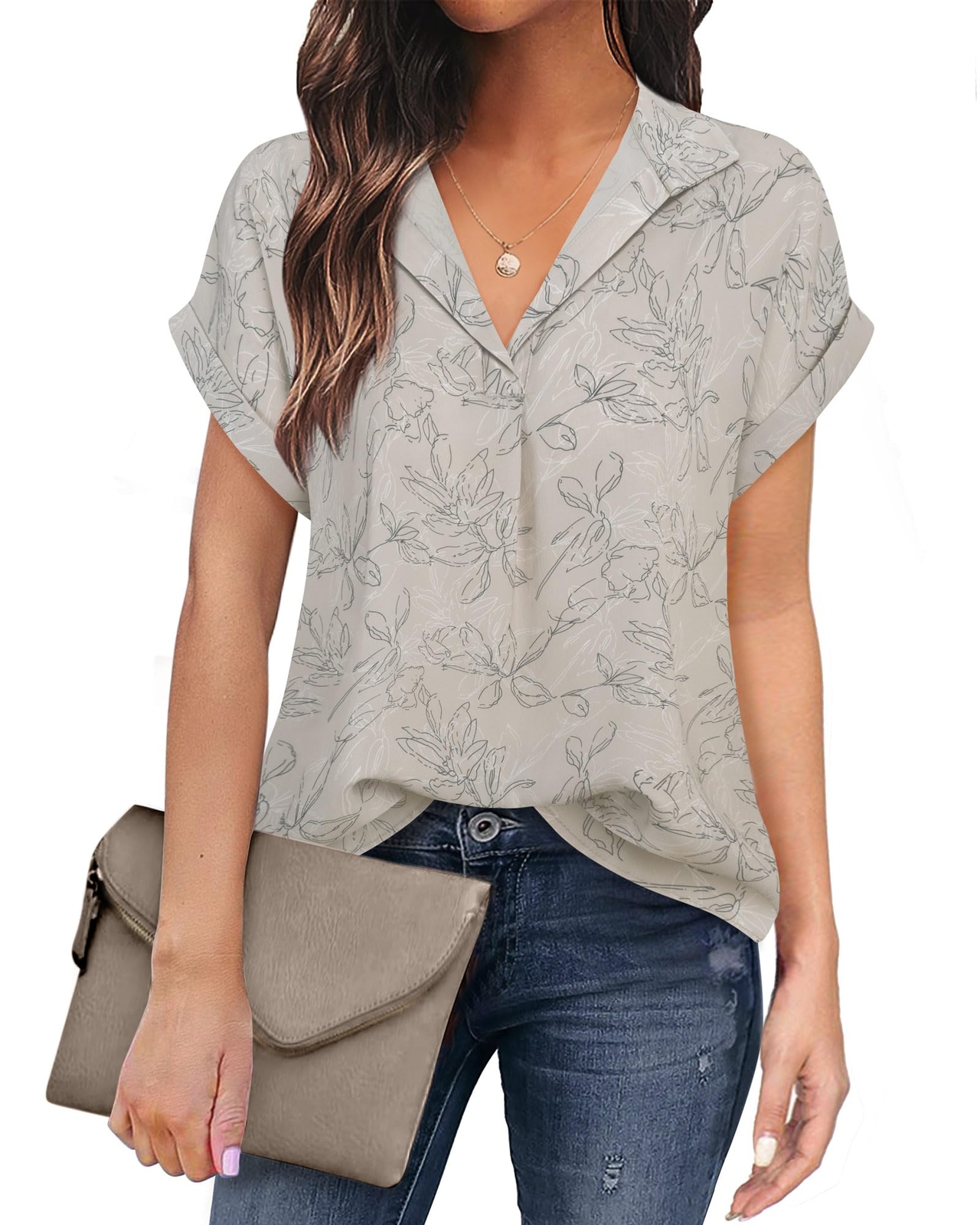 Timeson Women’s Business Attire Short Sleeve Top Dressy Casual Blouse Beige M