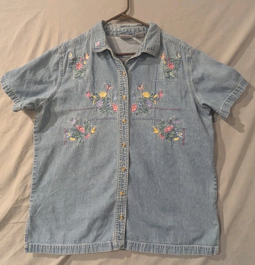 Vintage 90s Bobbie Brooks Flower Embroidered Denim 14/16 Women Blue Grannycore