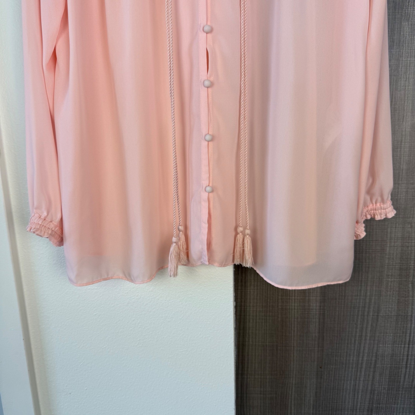 Maje Pink Ciana Chiffon Blouse Top Sheer Ruffle Tassel Button Up Size 1