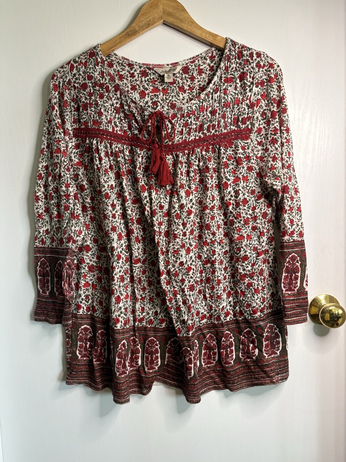 Lucky Brand Women’s XL Floral Knit Tunic Peasant Blouse 3/4 Sleeve Tie Neck Boho