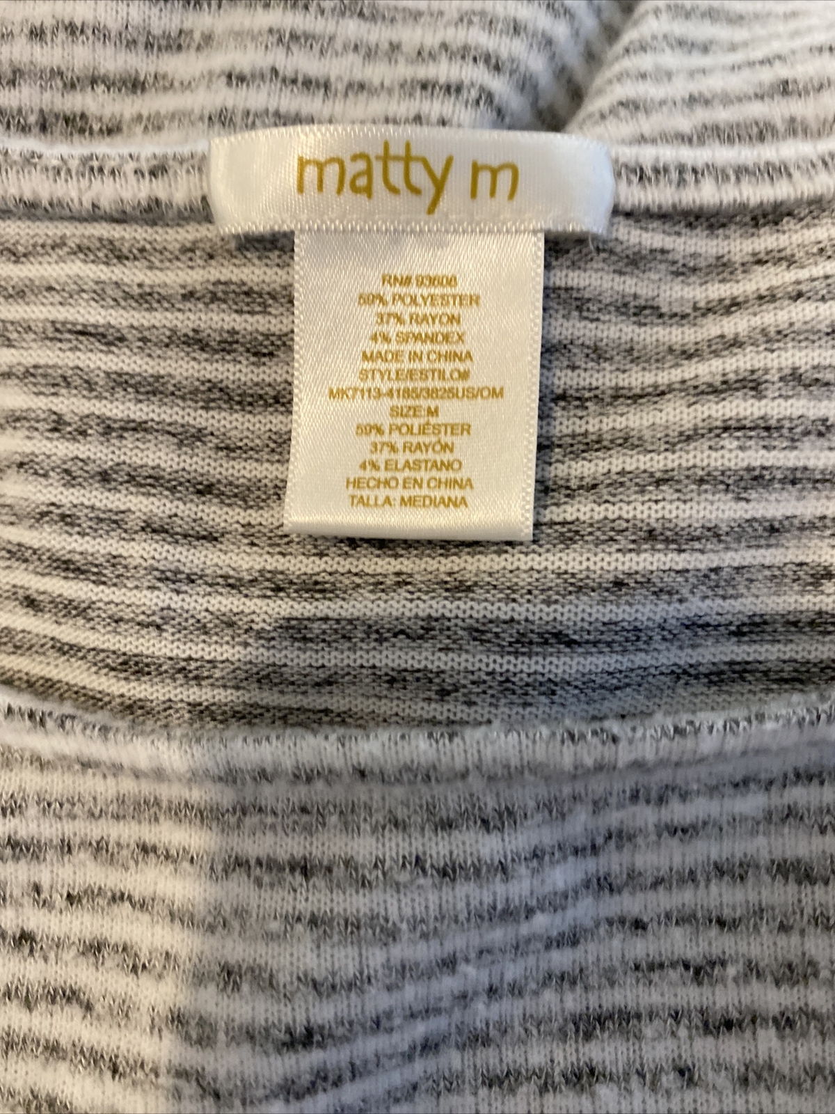 Matty M Gray and White Striped 3/4 Sleeve Round Neck Tie at Hip Top Size M